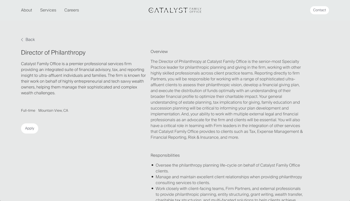 Shows job information from careers section