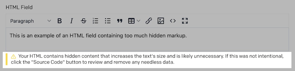 HTML field showing a warning about hidden content adding to the record byte size.