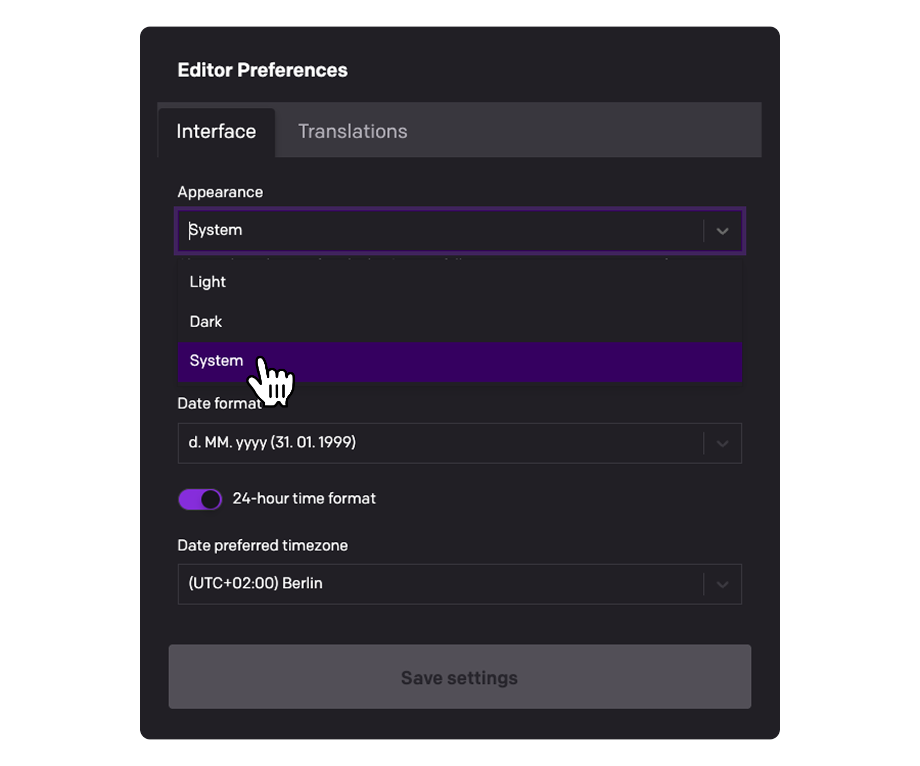 DatoCMS dark mode selector