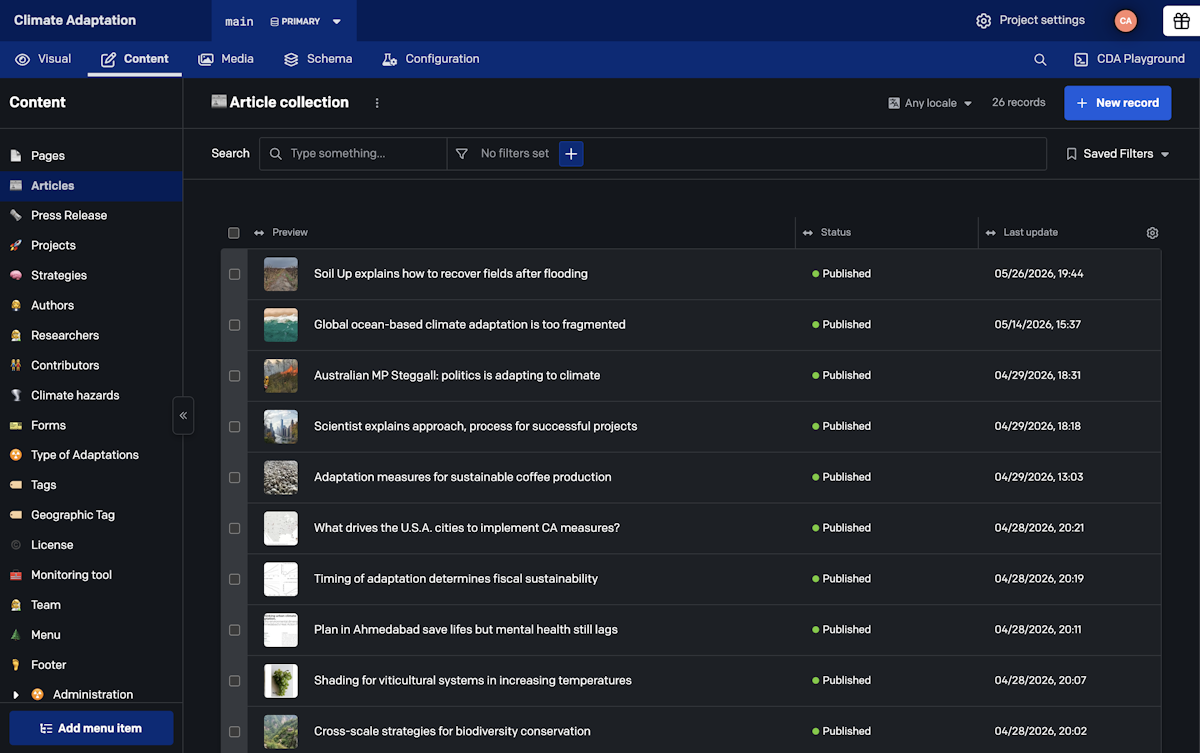 Content management dashboard for Climate Adaptation on DatoCMS. The "Articles" collection is selected from the left sidebar navigation, displaying a table layout of 26 records including titles.