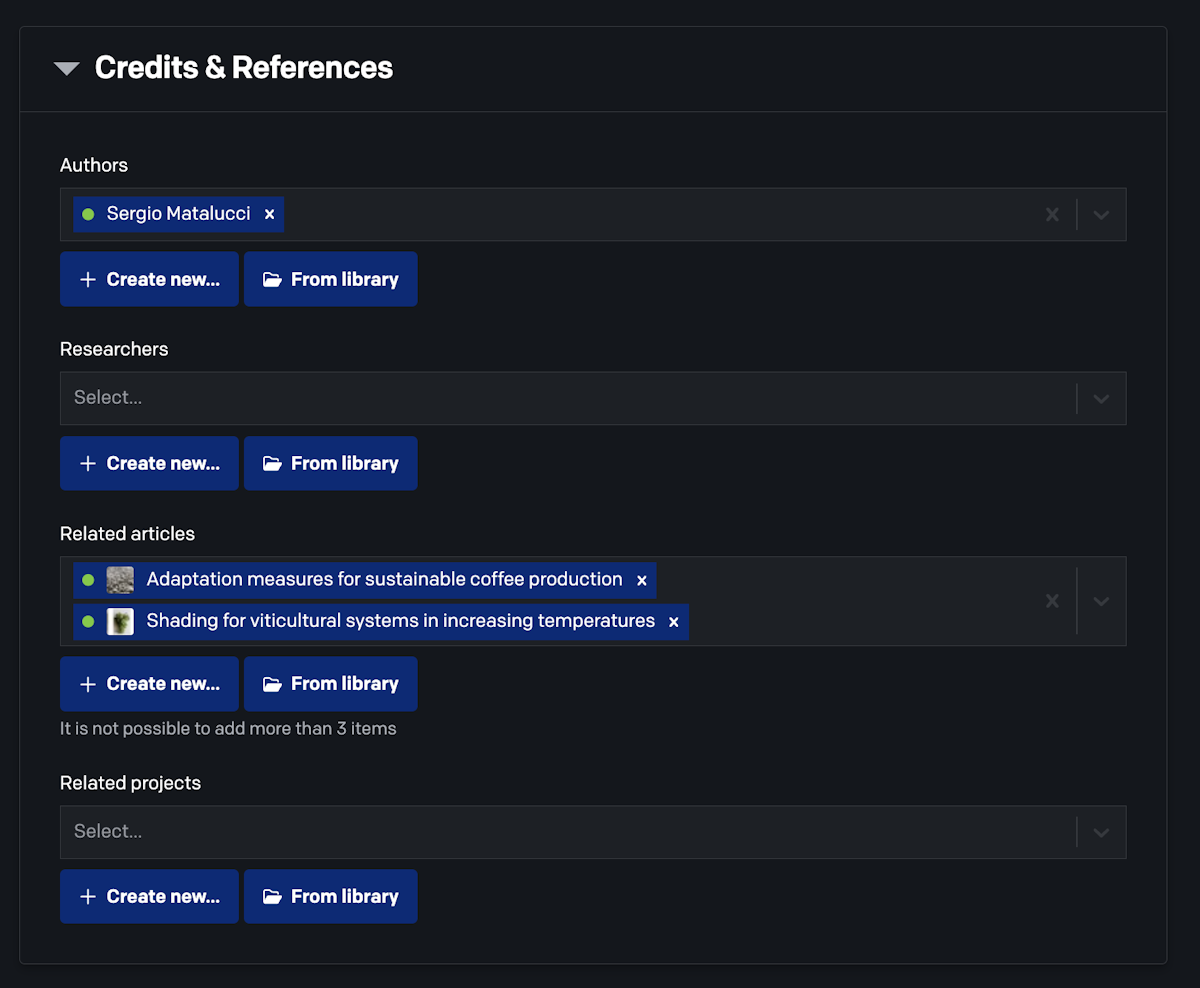 Dashboard configuration panel in a CMS for managing article metadata, including authors and related resource links.