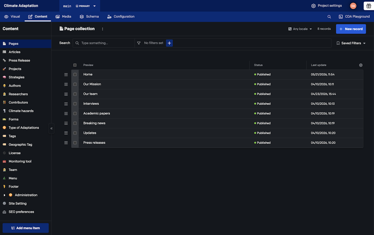 Content management interface showing the top-level site page structure and publication logs in DatoCMS.