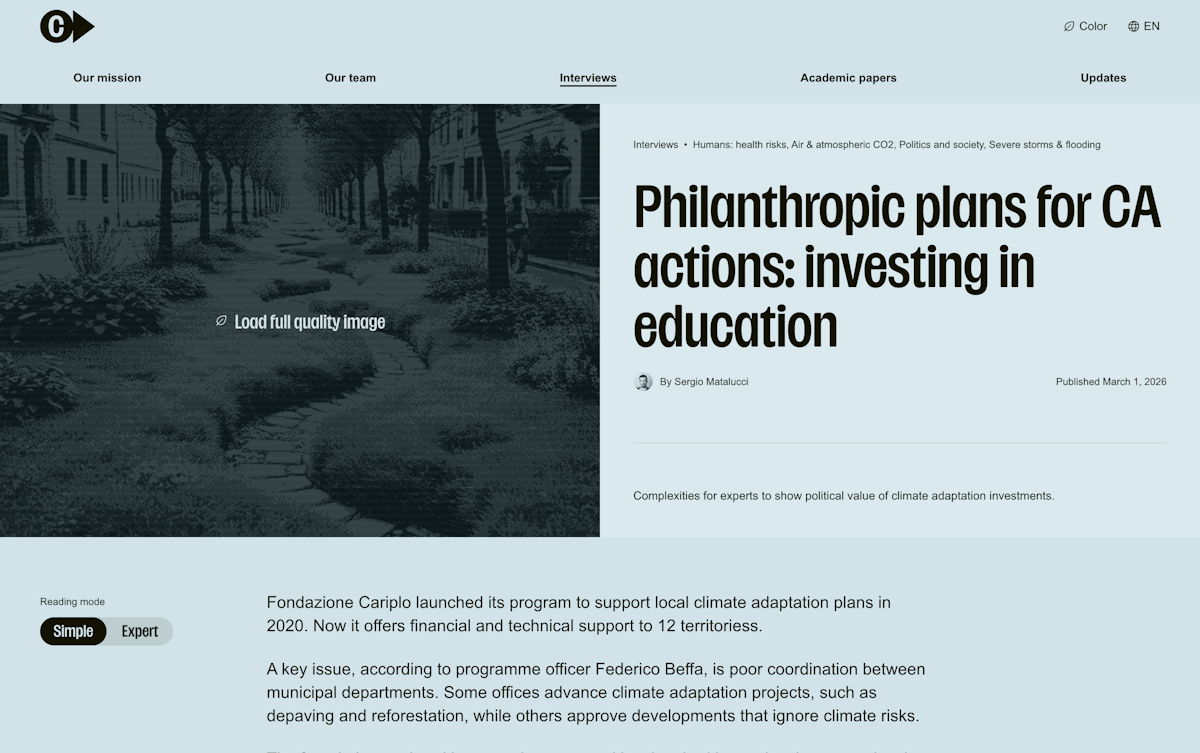 Screenshot of an interview article webpage with a light blue color theme. On the left, a stylized, low-resolution monochrome image shows a green, tree-lined pathway with a text overlay that reads "Load full quality image." On the right, the main headline reads, "Philanthropic plans for CA actions: investing in education," authored by Sergio Matalucci and published March 1, 2026. The article content is visible below, featuring a "Reading mode" toggle set to "Simple."
