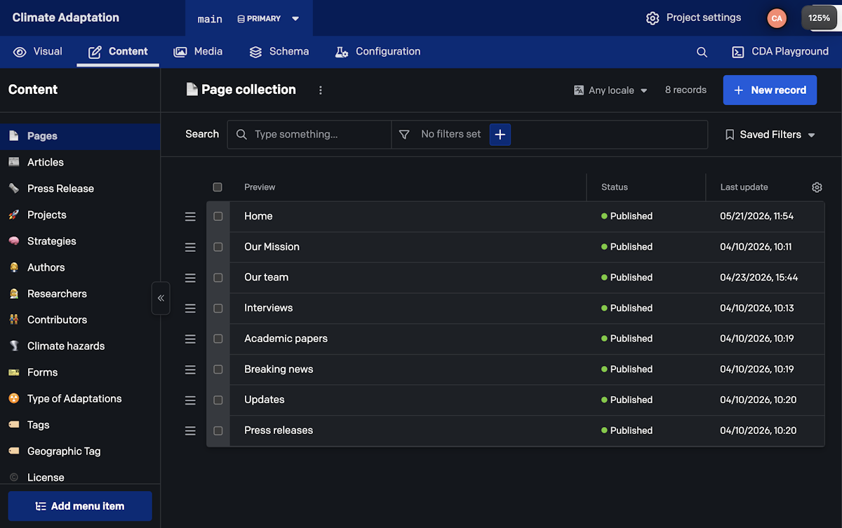 CMS interface showing a modular list of reorderable layout blocks used to build web page sections.