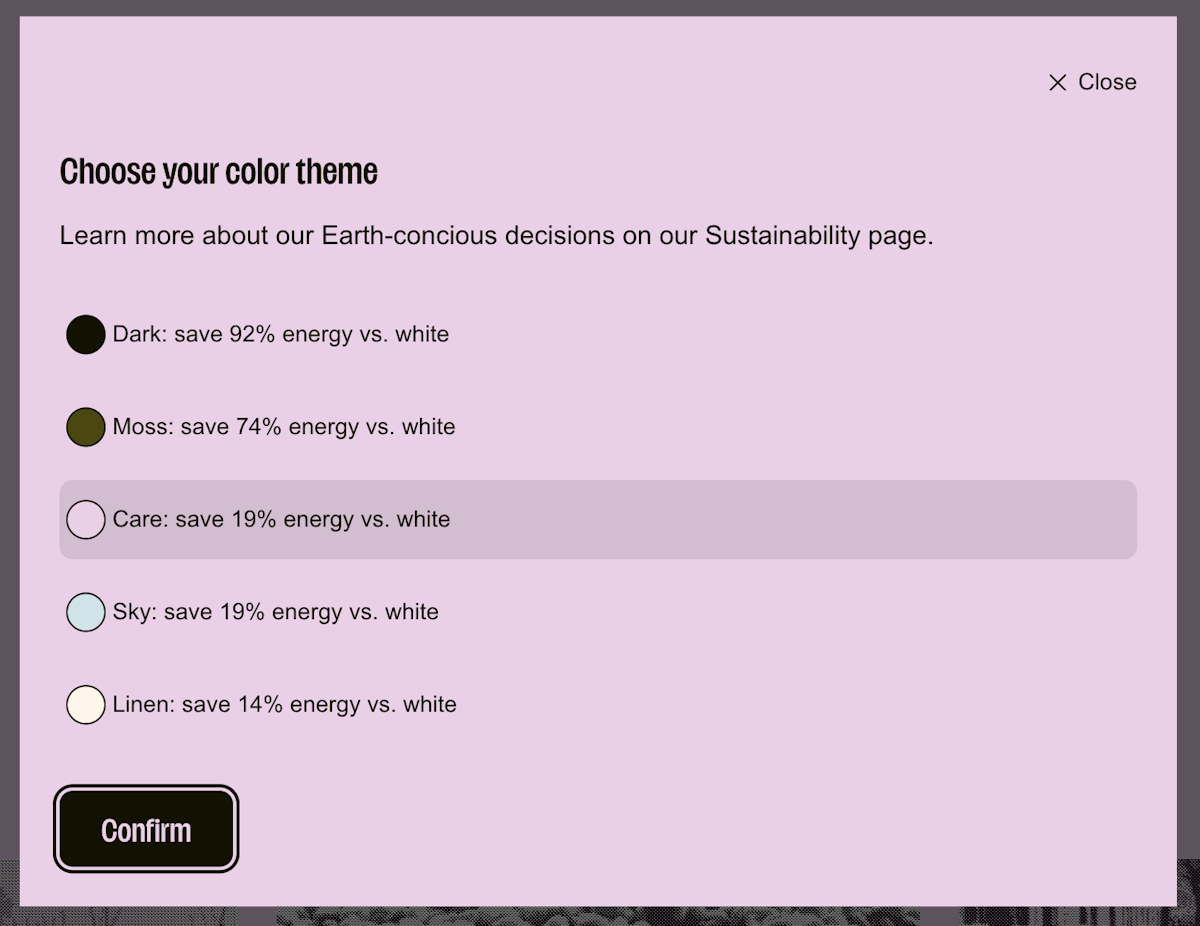 A color theme overlay titled "Choose your color theme" showing customizable color theme options like Night, Moss, Care, Sky, Linen. Each labeled with the percentage of energy saved compared to a standard white background.