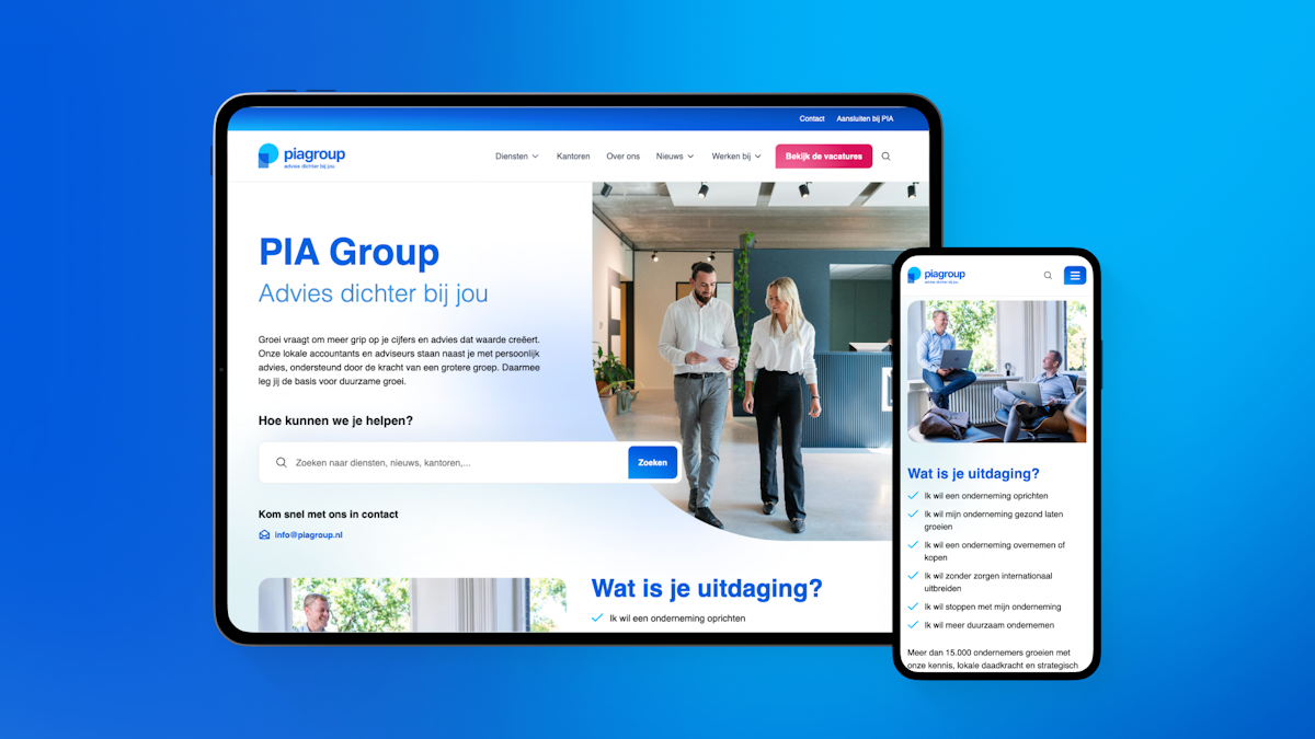 PIA Group NL website screens on mobile and tablet showing homepage and detail page