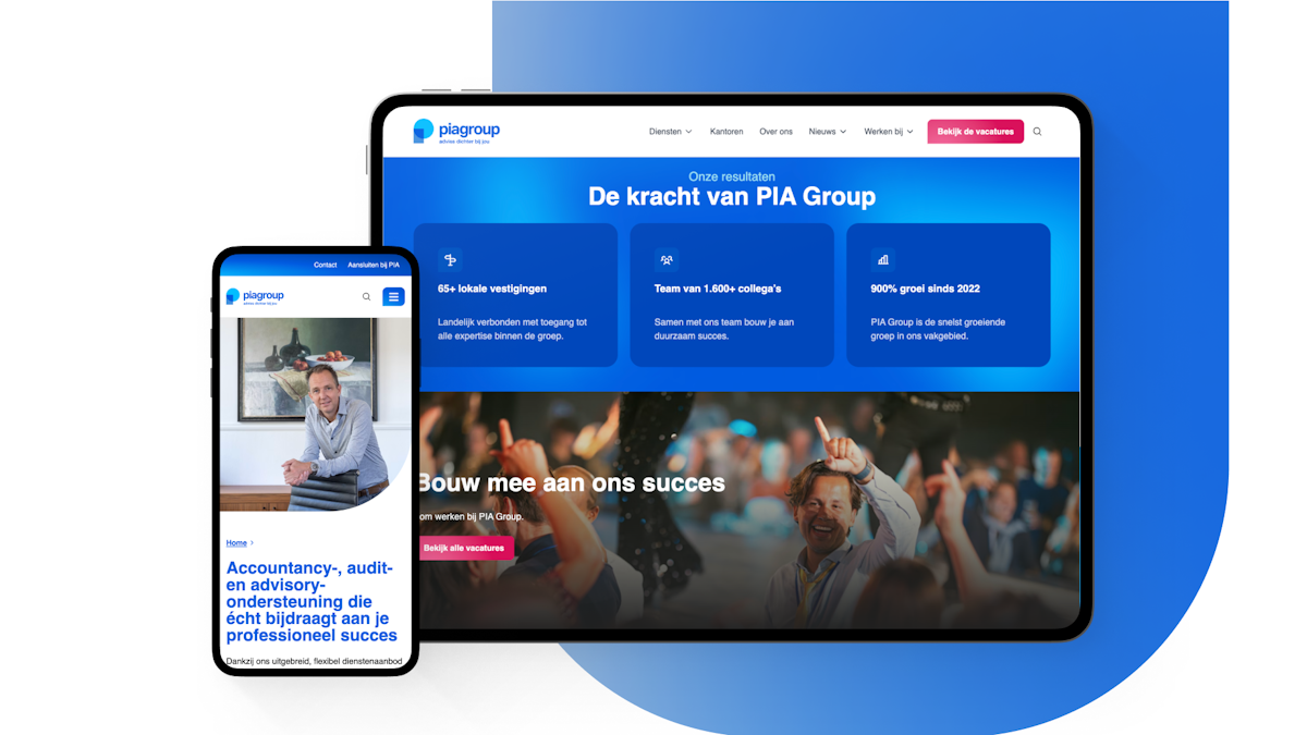 PIA Group NL website screens on mobile and tablet