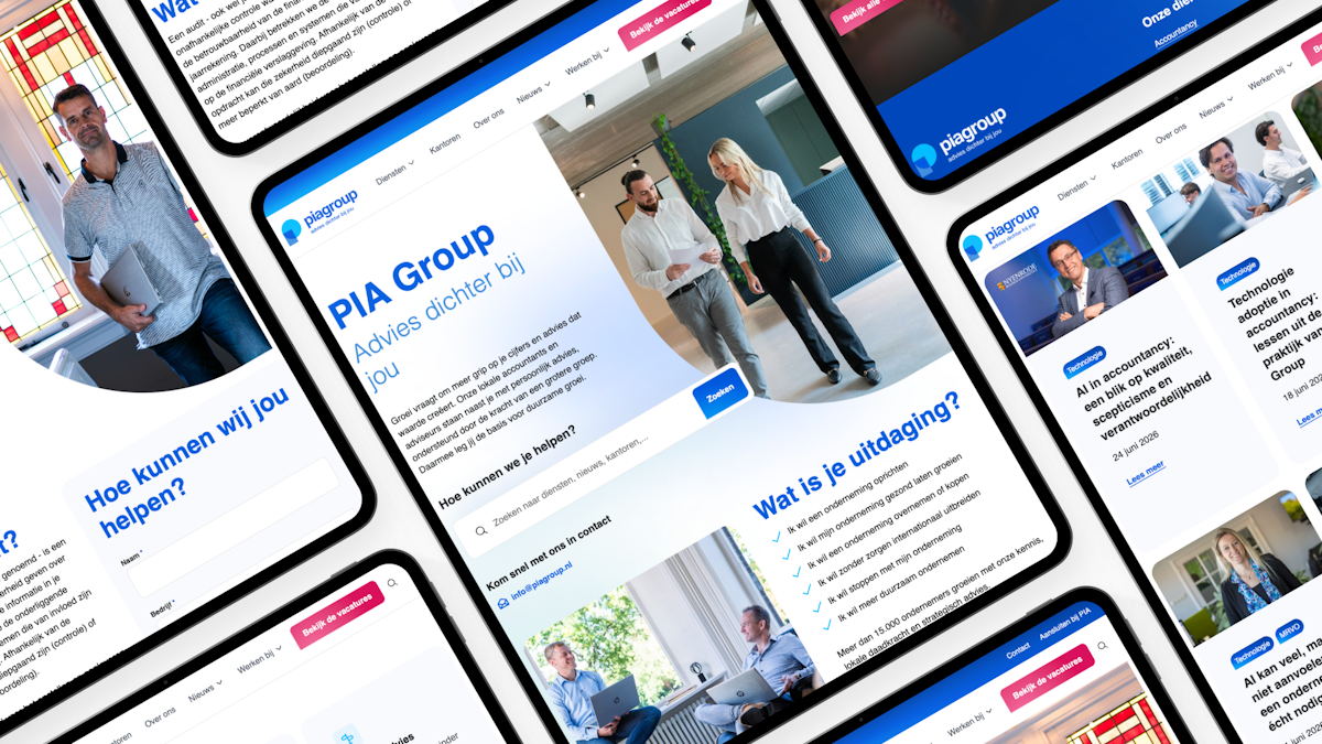 PIA Group NL website screens on tablet, showing multiple screens of the website