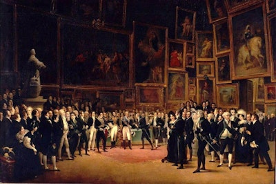 Painting by Francois-Joseph Heim: Charles X distributing awards to artists exhibiting at the Salon of 1824 at the Louvre.