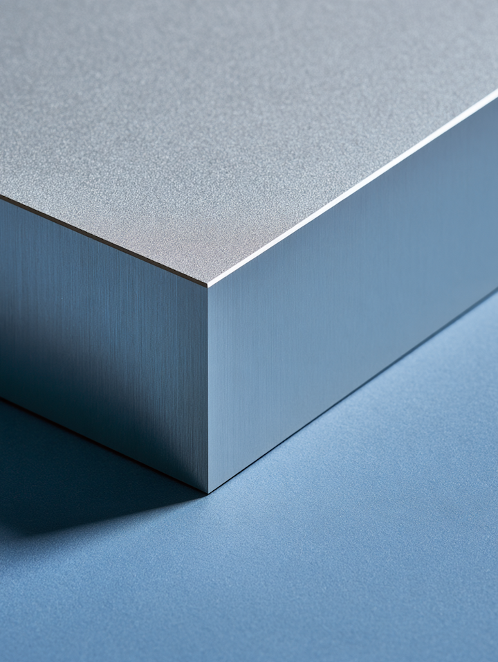 Un coin d'un bloc en métal brossé sur fond bleu.