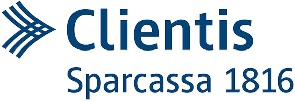 Logo für Clientis Sparcassa 1816 mit einem blauen, abstrakten Symbol im Chevron-Stil.