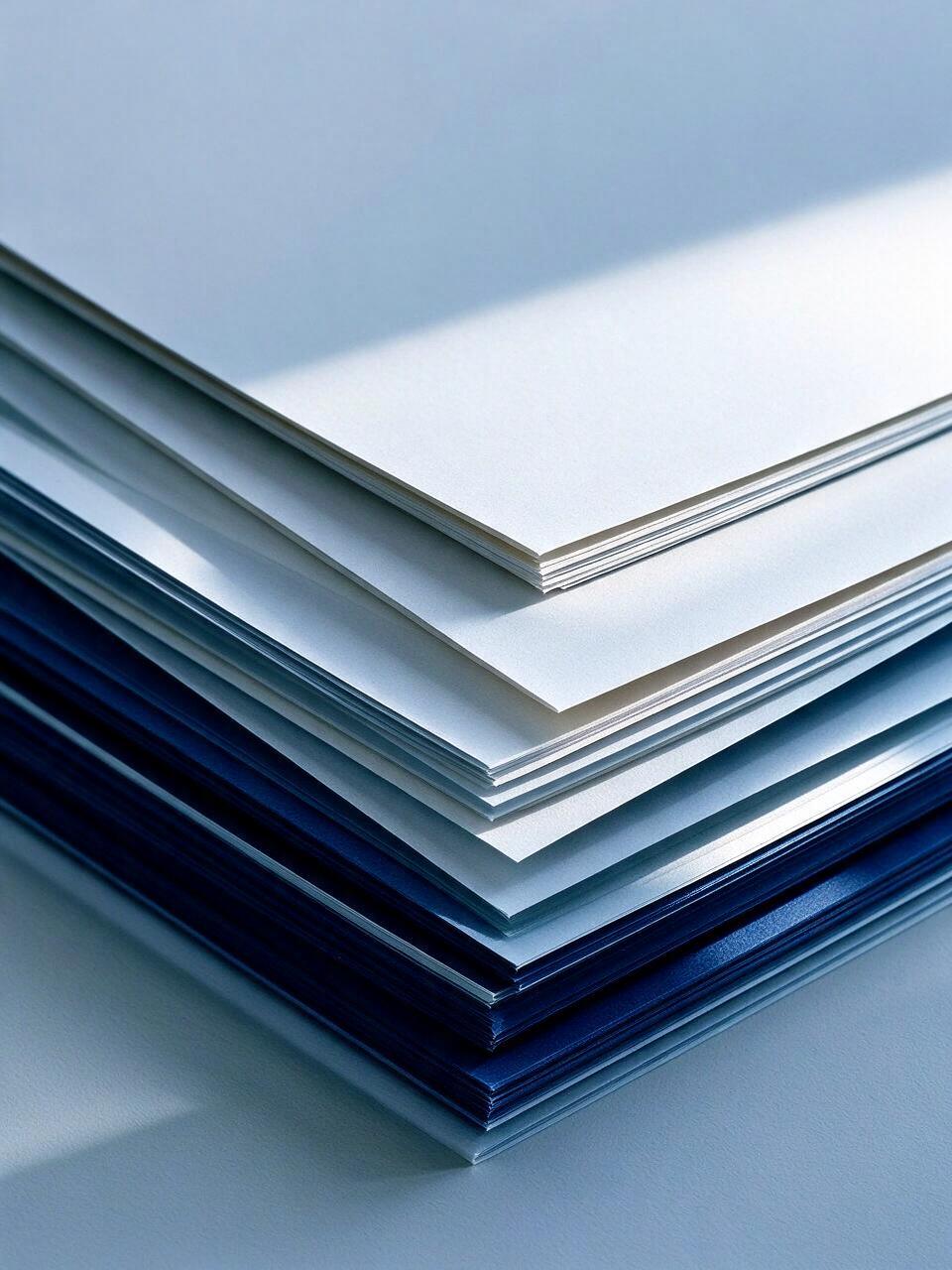 Une pile de feuilles de papier blanches et bleu foncé, empilées en biais les unes sur les autres.