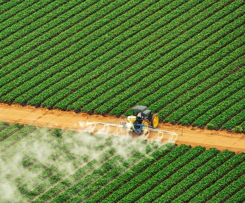 farmer spraying pesticides onto crops
