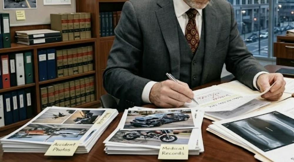 Attorney reviewing case files with accident photos, medical records, and legal documents in an organized office setting.