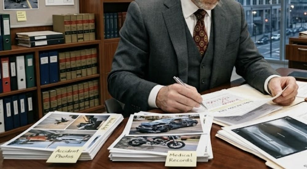 Attorney reviewing case files with accident photos, medical records, and legal documents in an organized office setting.