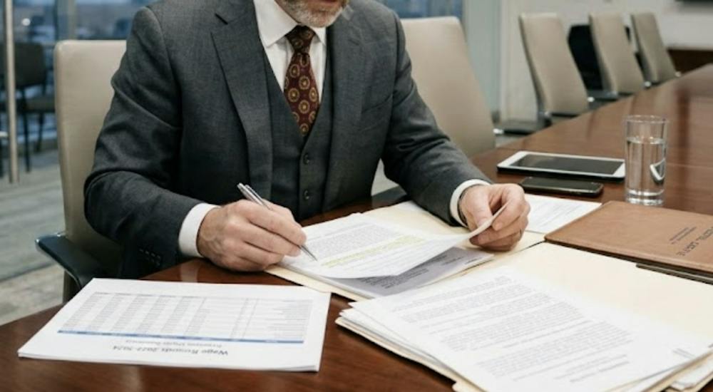 a lawyer reviewing documents and wage records in a conference room