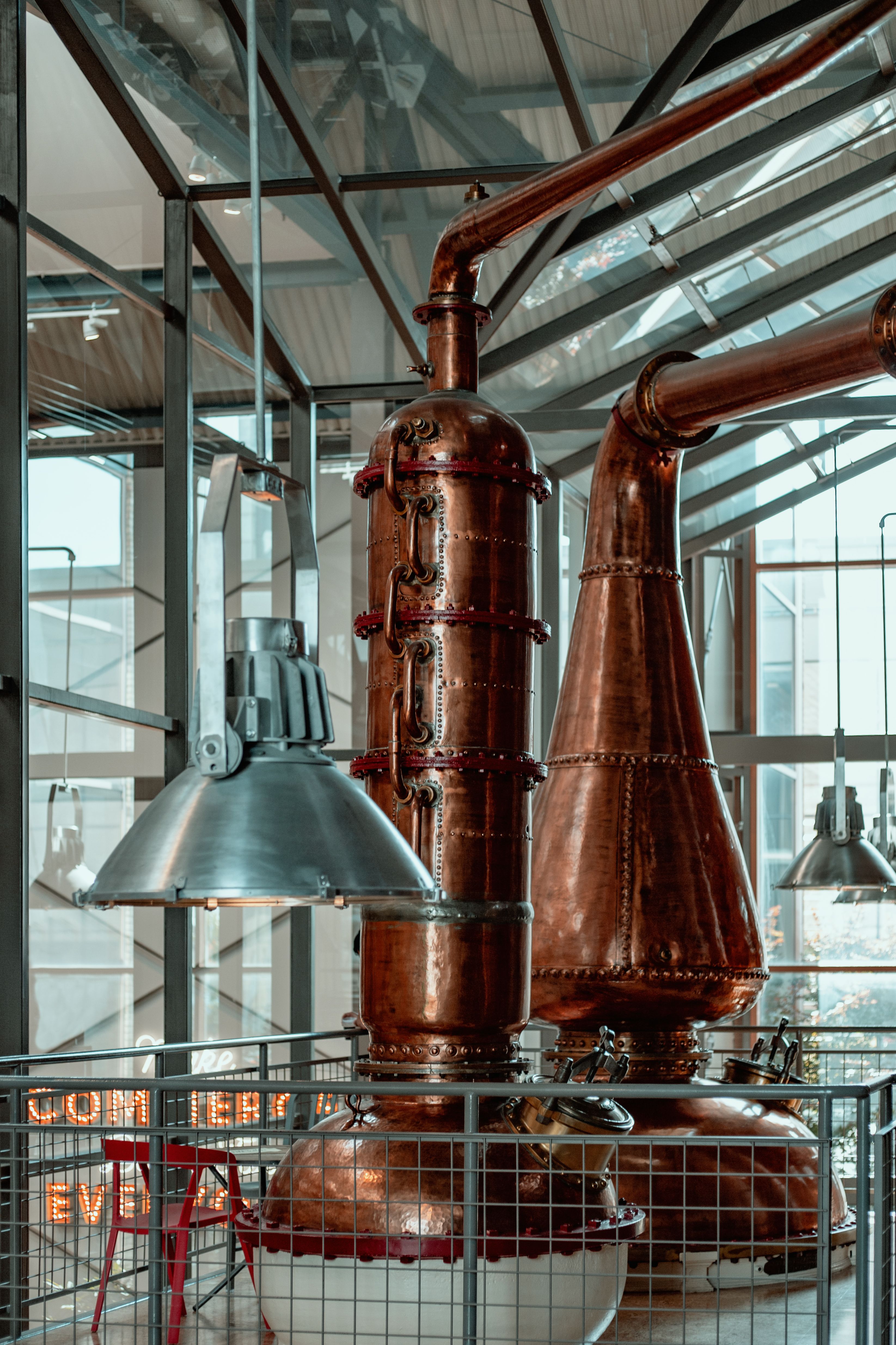Copper distillation stills in a distillery