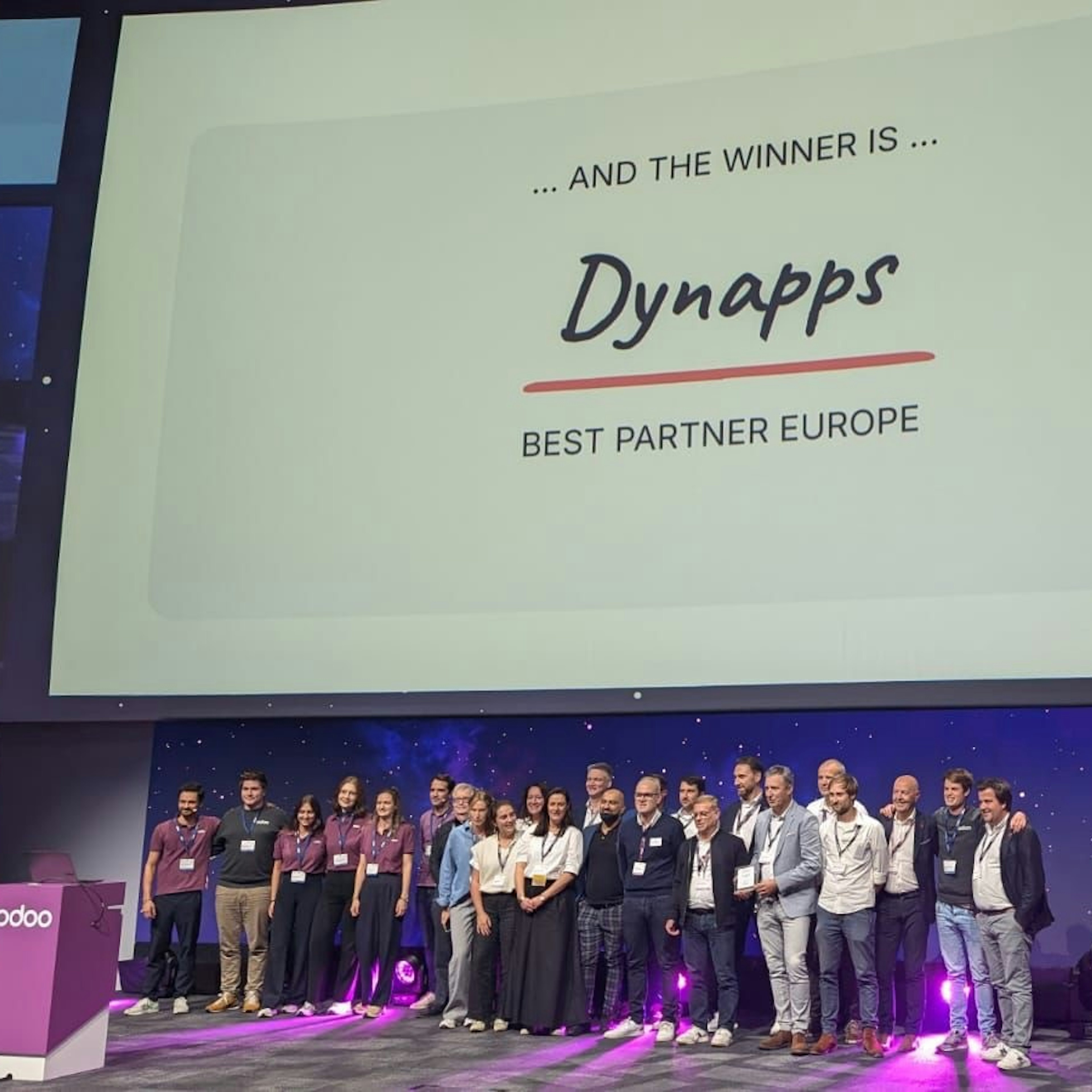 Dynapps team on stage winning Odoo best partner Europe
