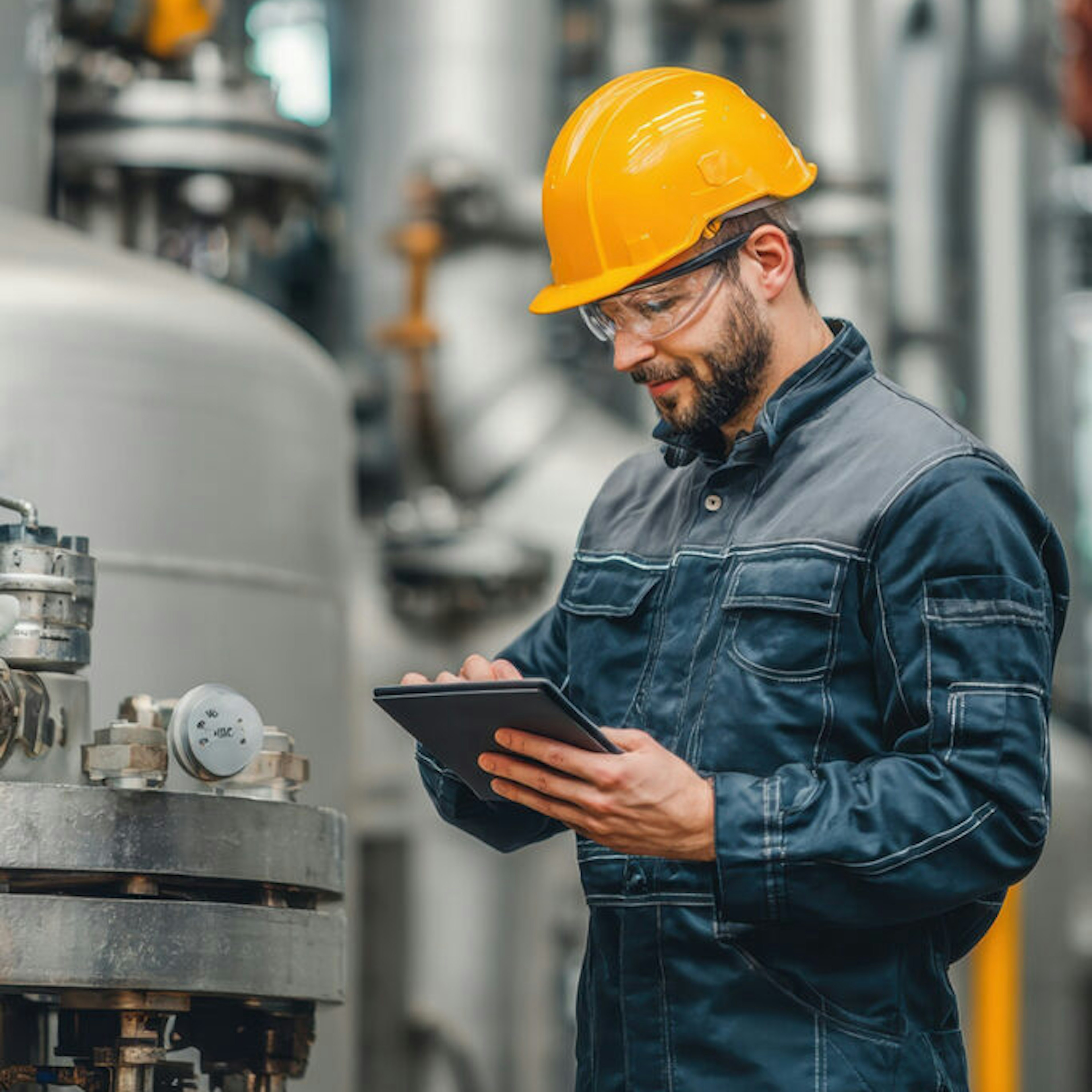 Un technicien, équipé d'un casque de chantier et de lunettes de sécurité, consulte une tablette à côté de cuves de traitement industriel et de canalisations.