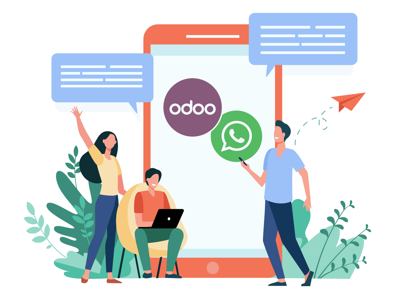 An illustration of people using their cell phones, and the Odoo x WhatsApp icon