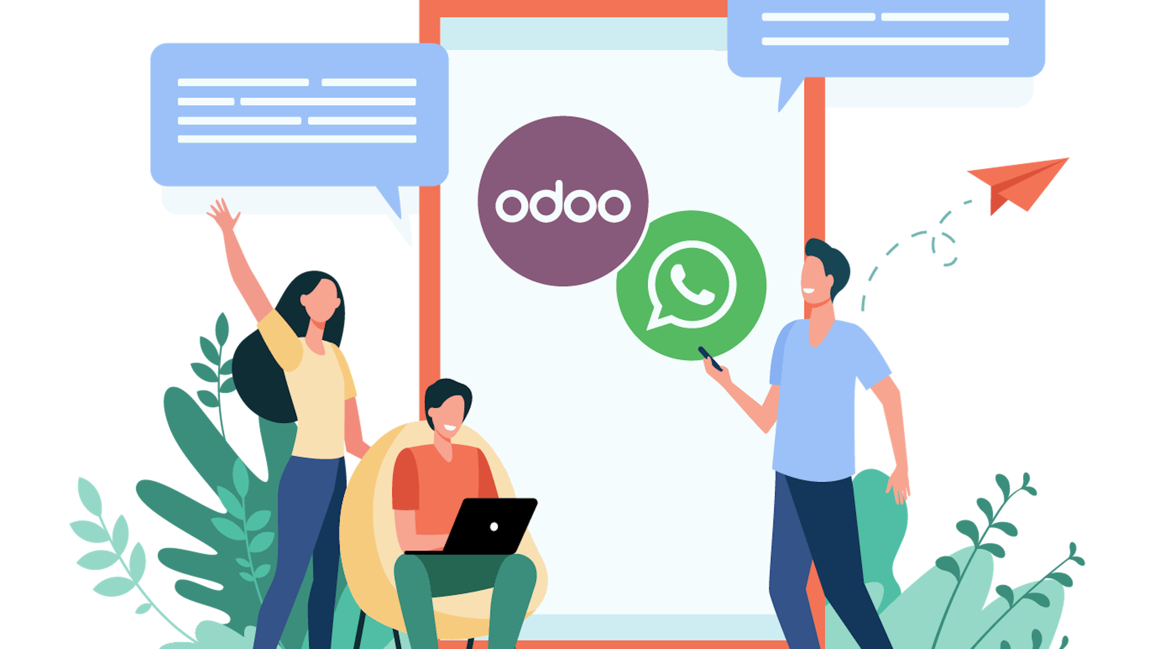 An illustration of people using their cell phones, and the Odoo x WhatsApp icon