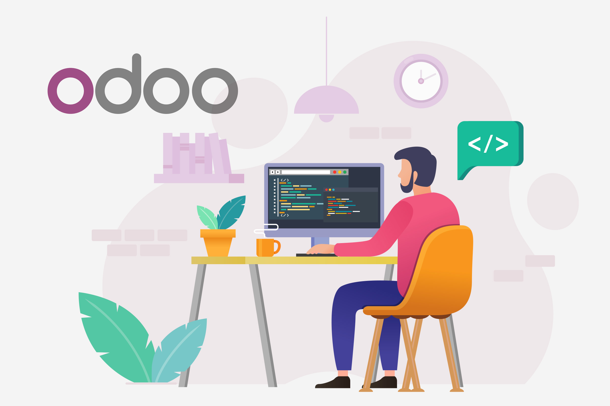 Iconografia chico sentado en escritorio, trabajando, con el logo de odoo