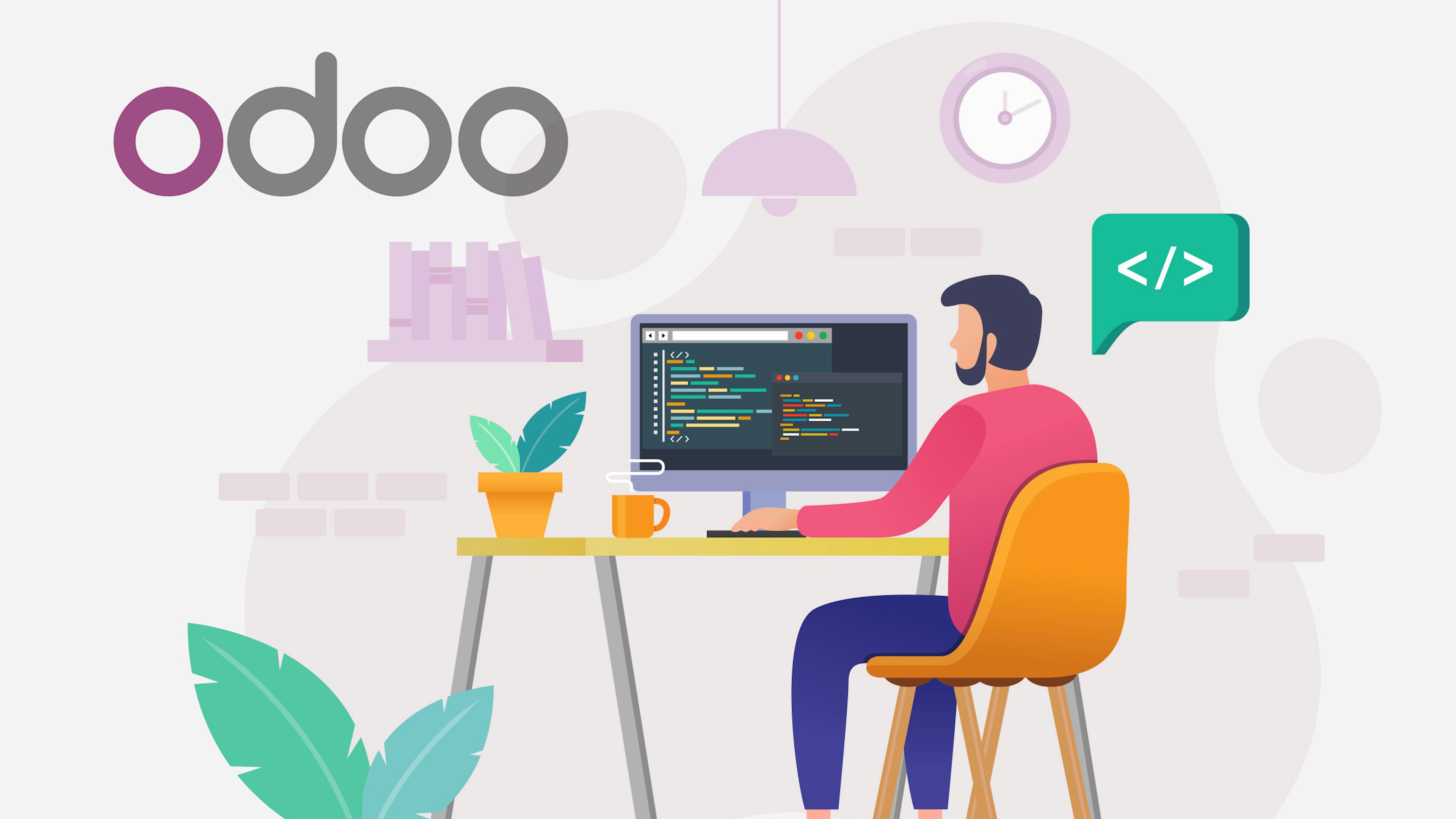 Iconografia chico sentado en escritorio, trabajando, con el logo de odoo
