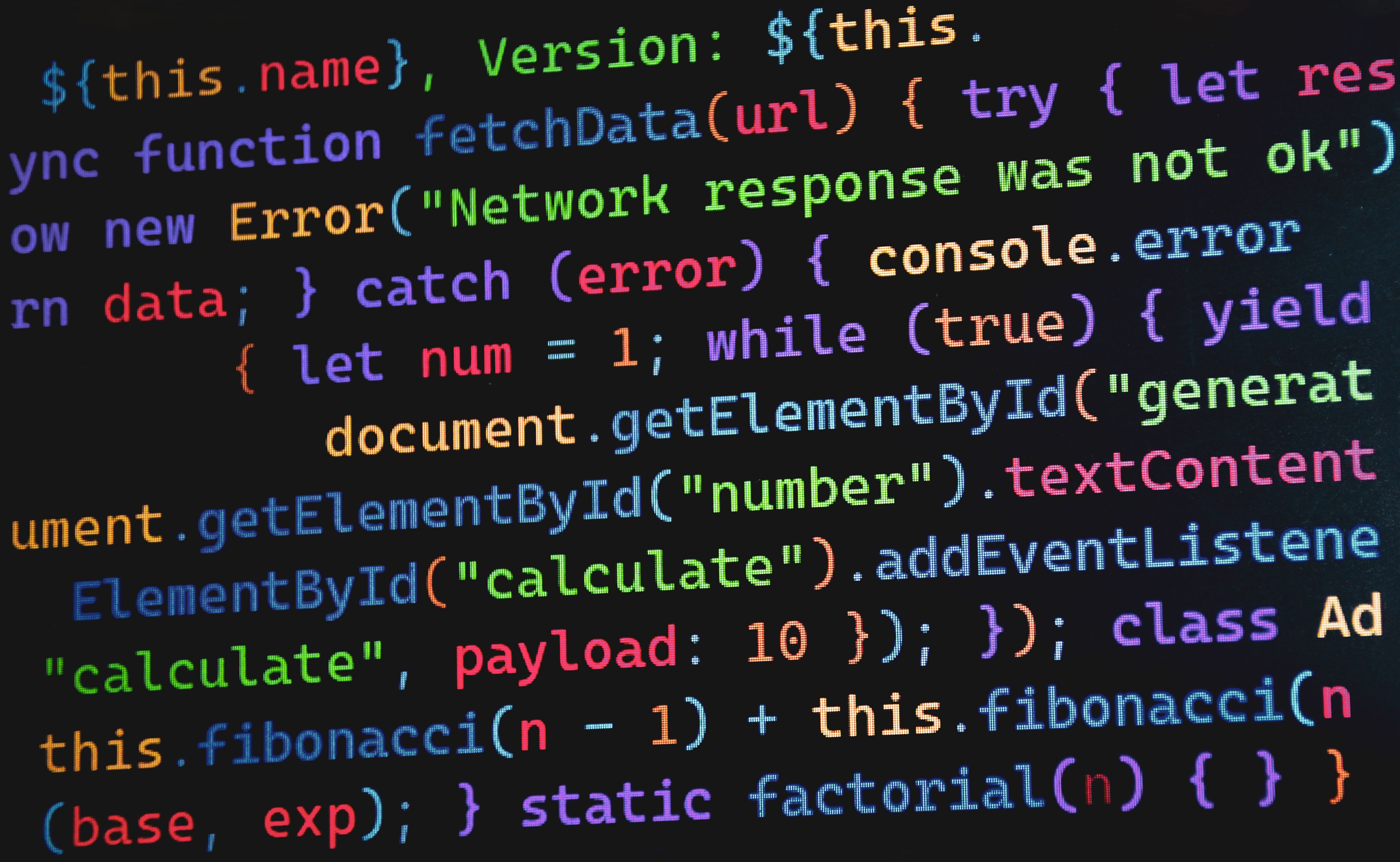Snippets of JavaScript code demonstrating functions, error handling, and mathematical calculations.
