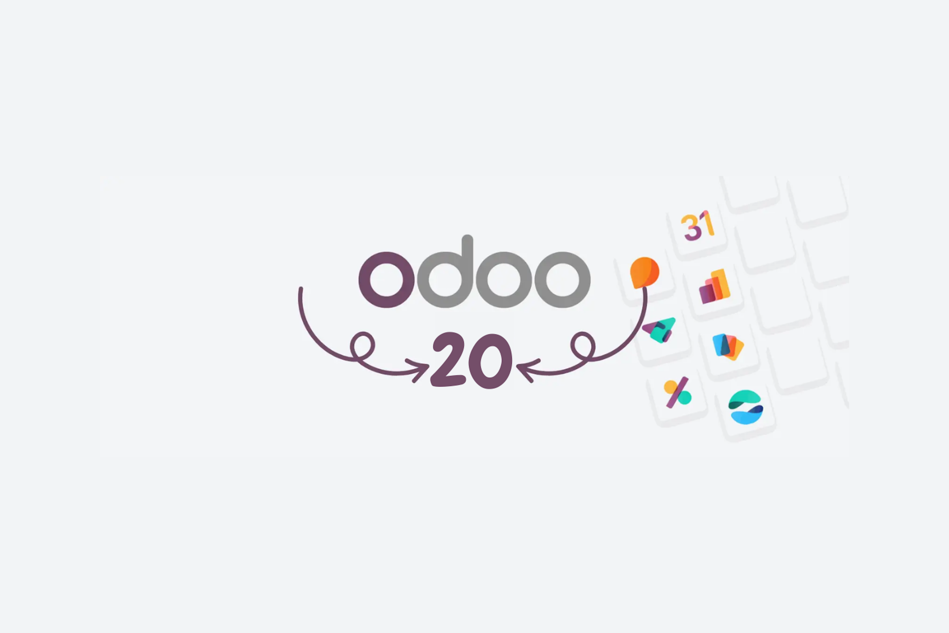 Logotipo de Odoo 20 junto a los iconos de varias aplicaciones de Odoo.