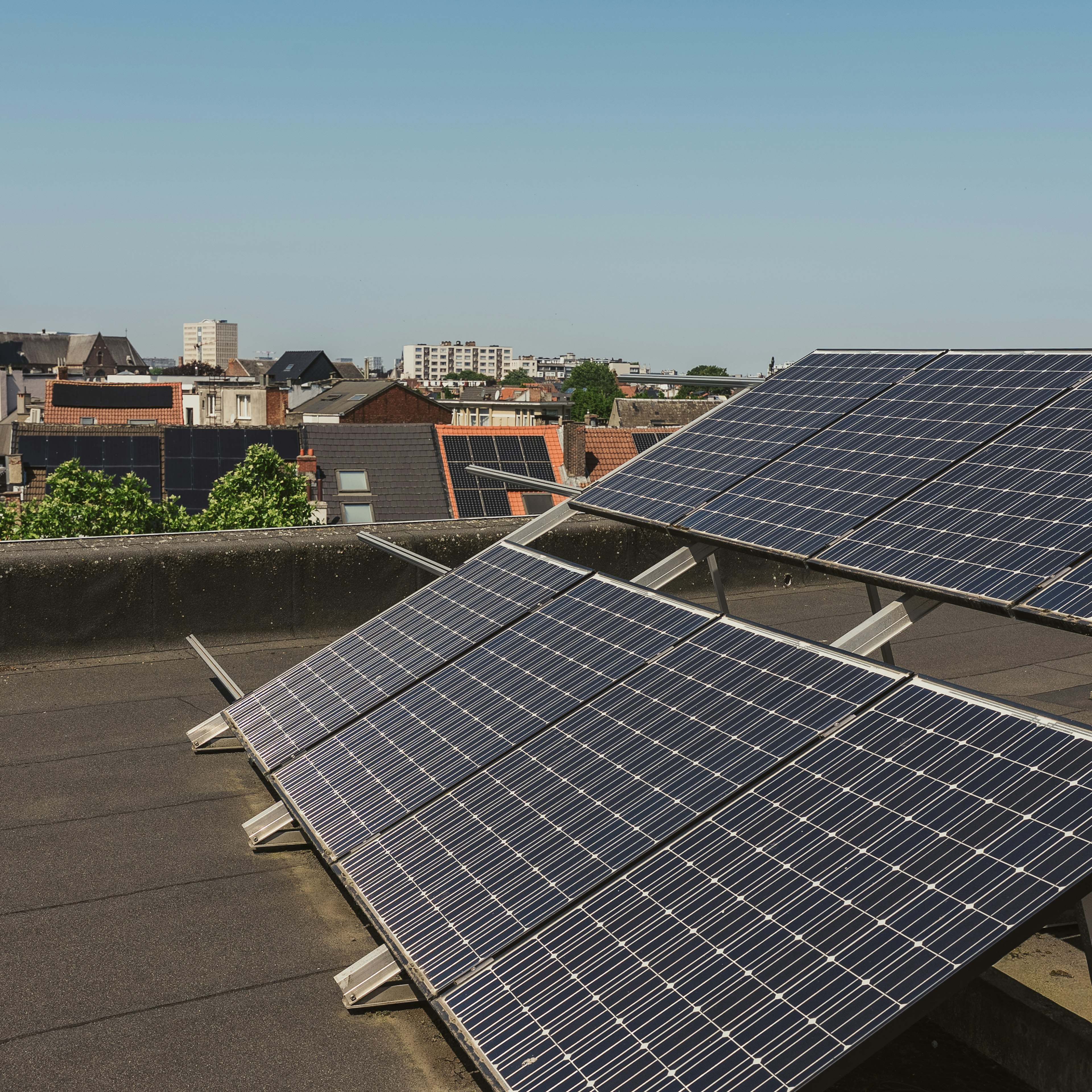 Two Ecopower colleagues stand on a rooftop beside solar panels, one pointing out across the city skyline.