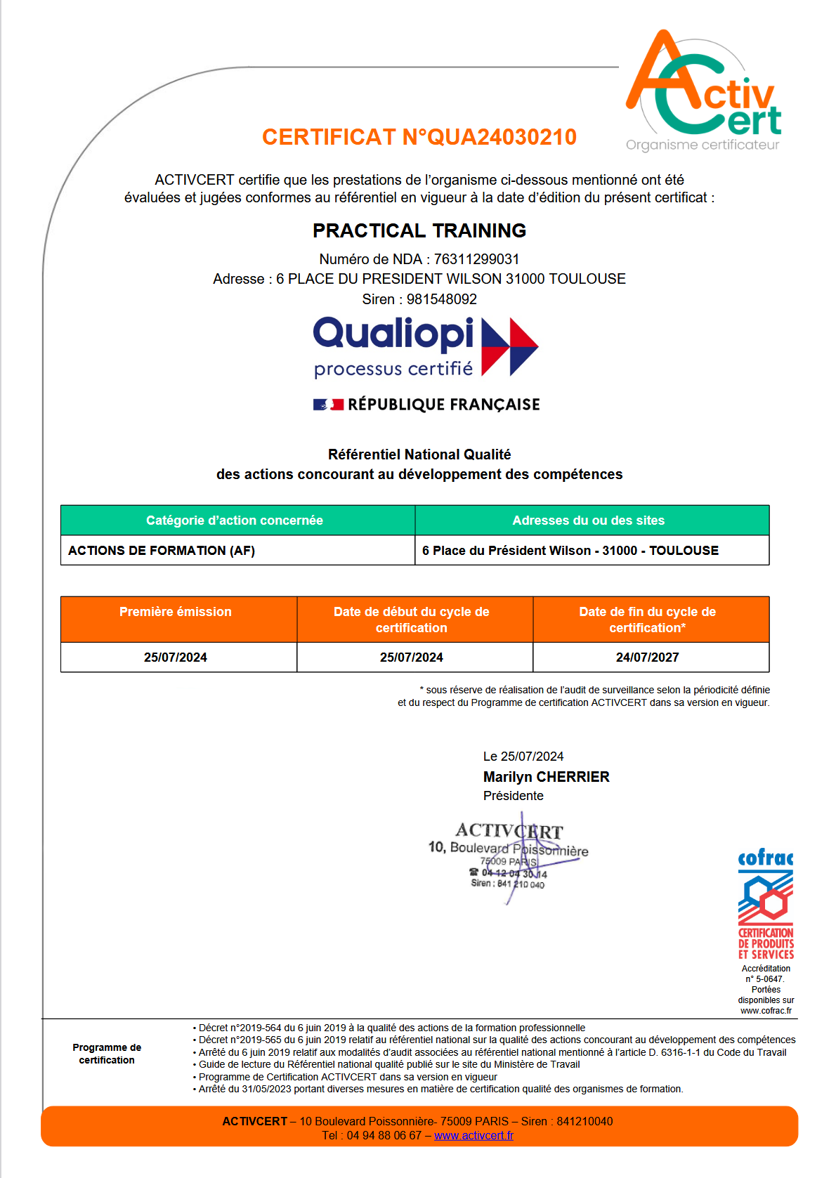 Certificat Dynapps et Practical Training formation Qualiopi
