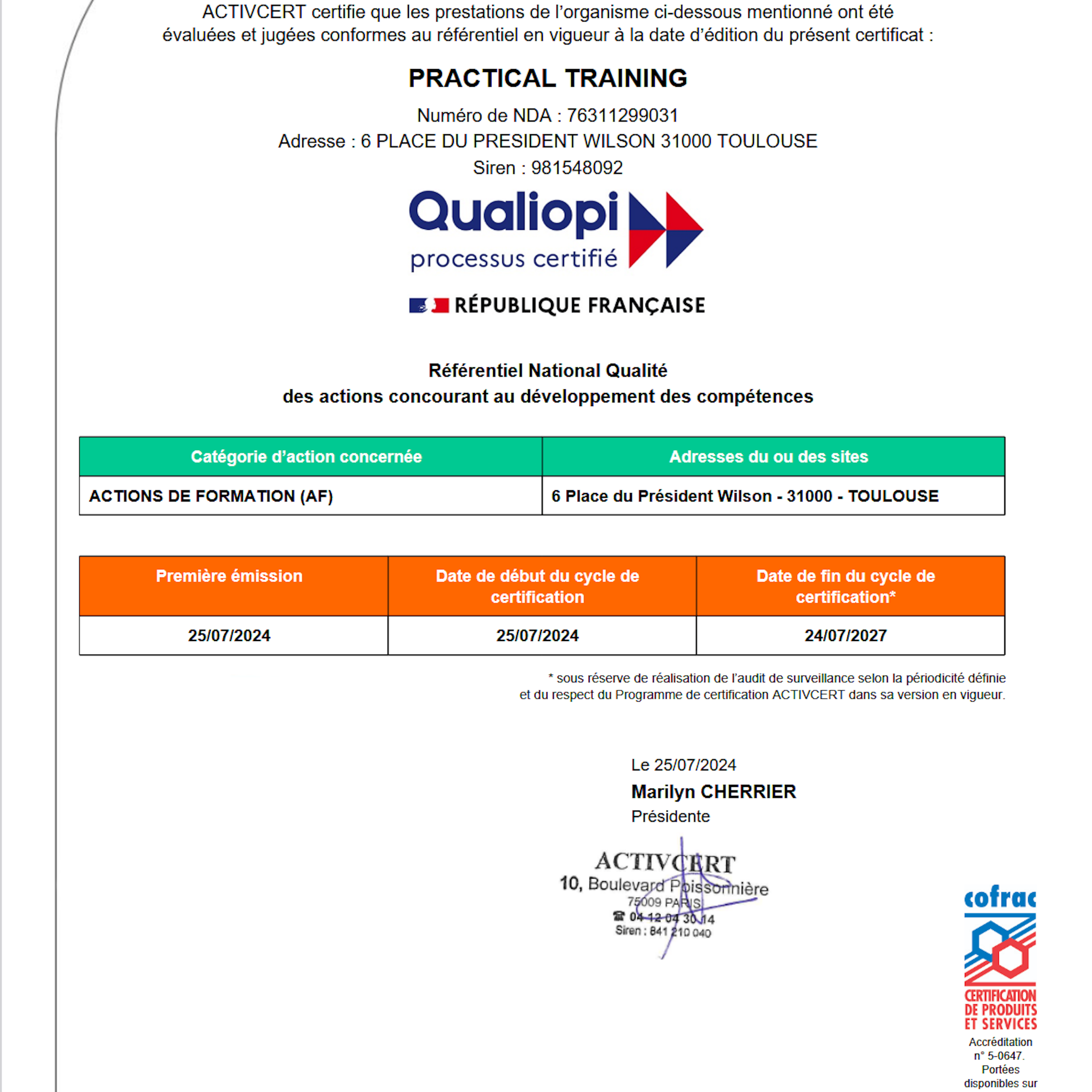 Certificat Dynapps et Practical Training formation Qualiopi