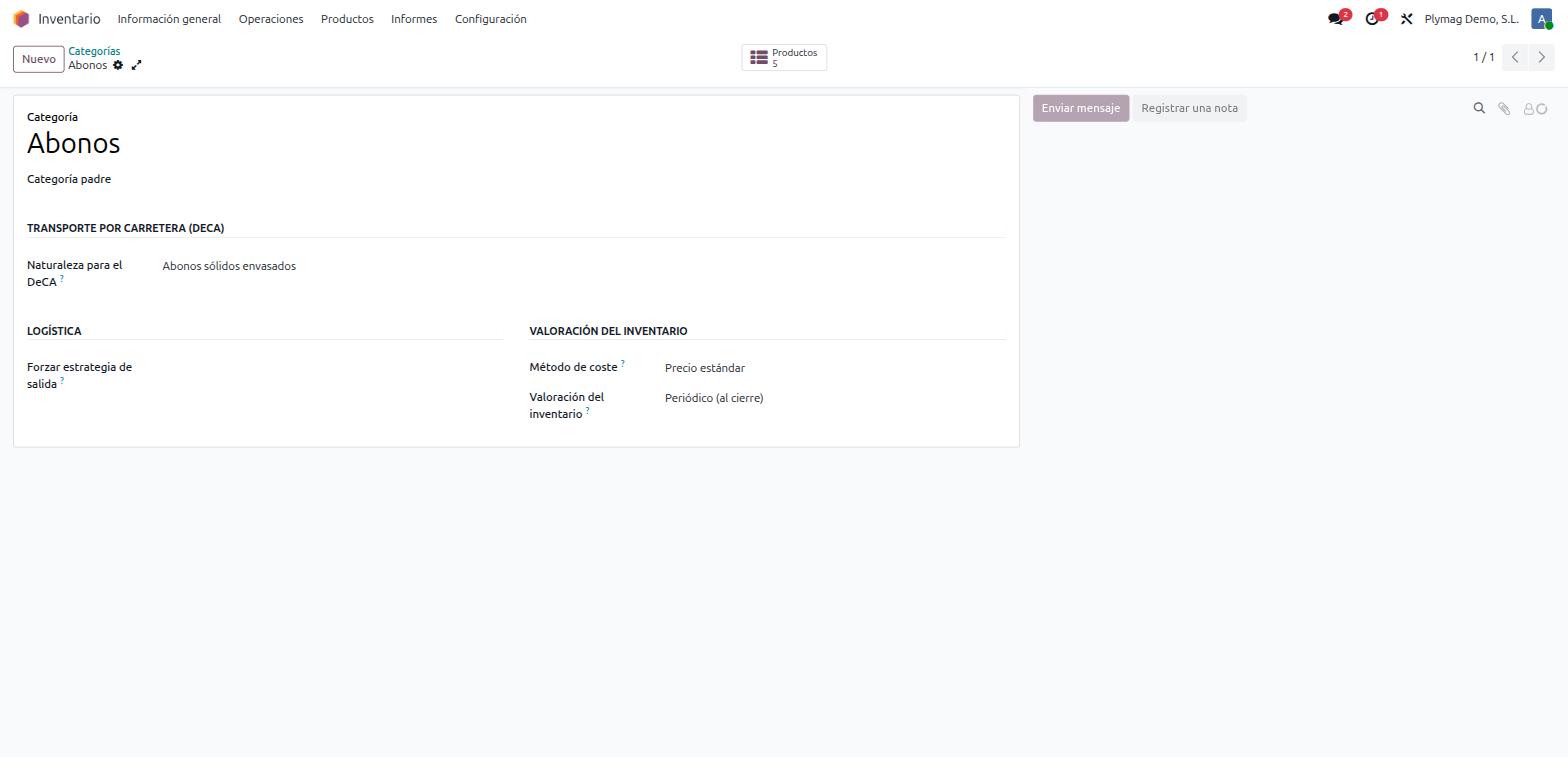 Odoo product category Fertilisers with the DeCA nature field set to packaged solid fertilisers