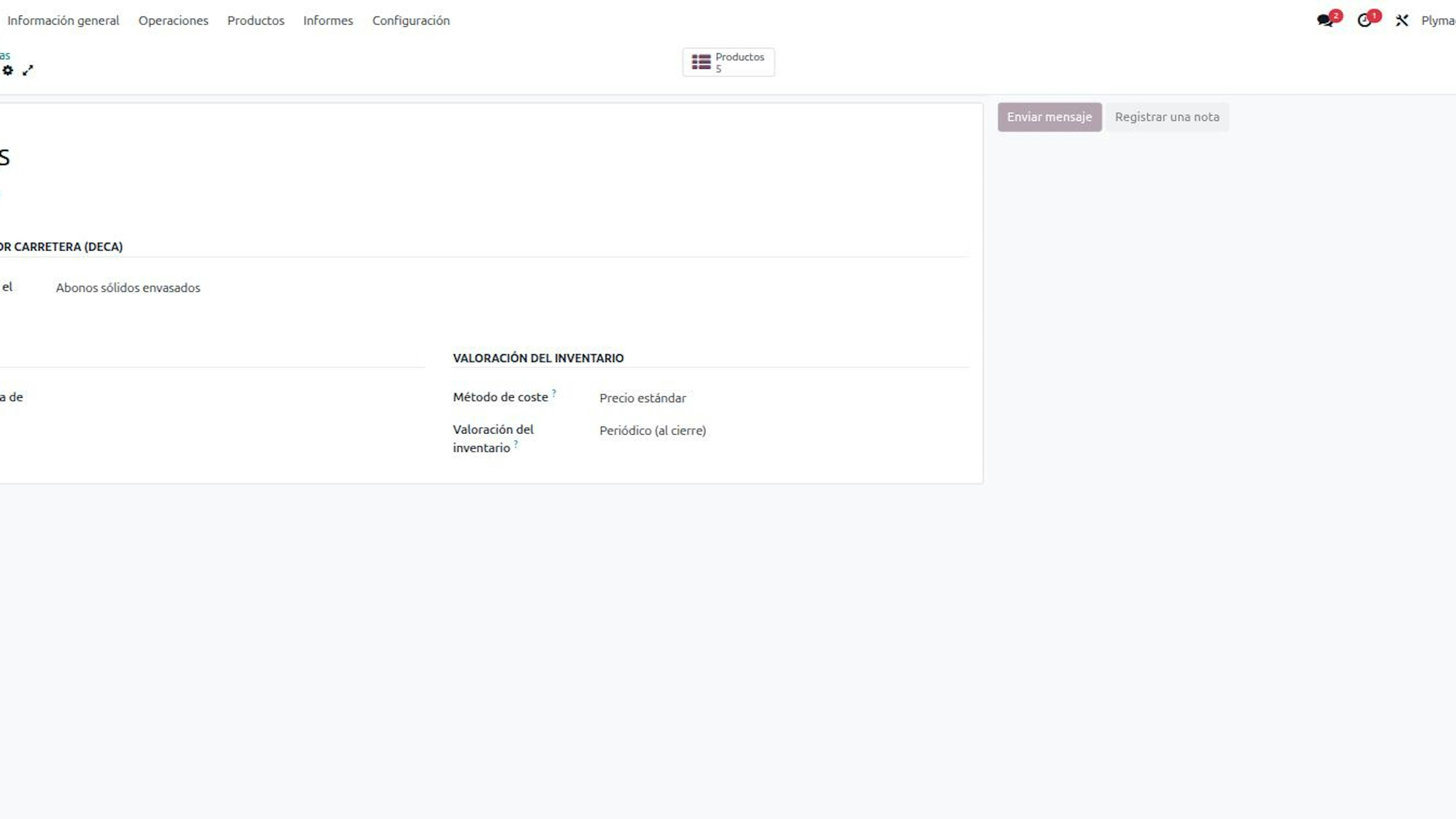 Odoo product category Fertilisers with the DeCA nature field set to packaged solid fertilisers
