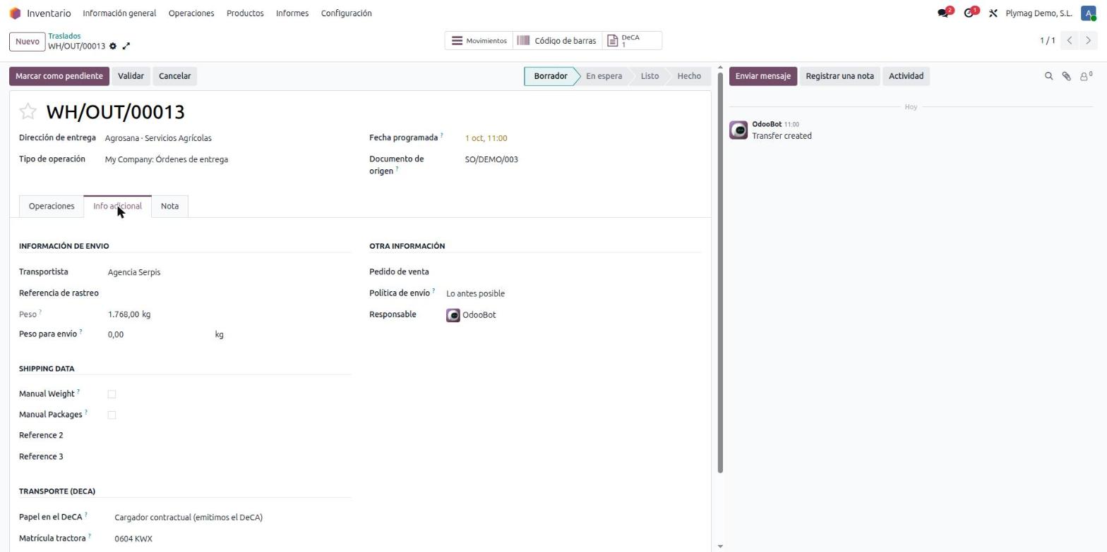 Odoo delivery order with the Transport (DeCA) section: DeCA role set to contractual shipper, carrier and tractor plate