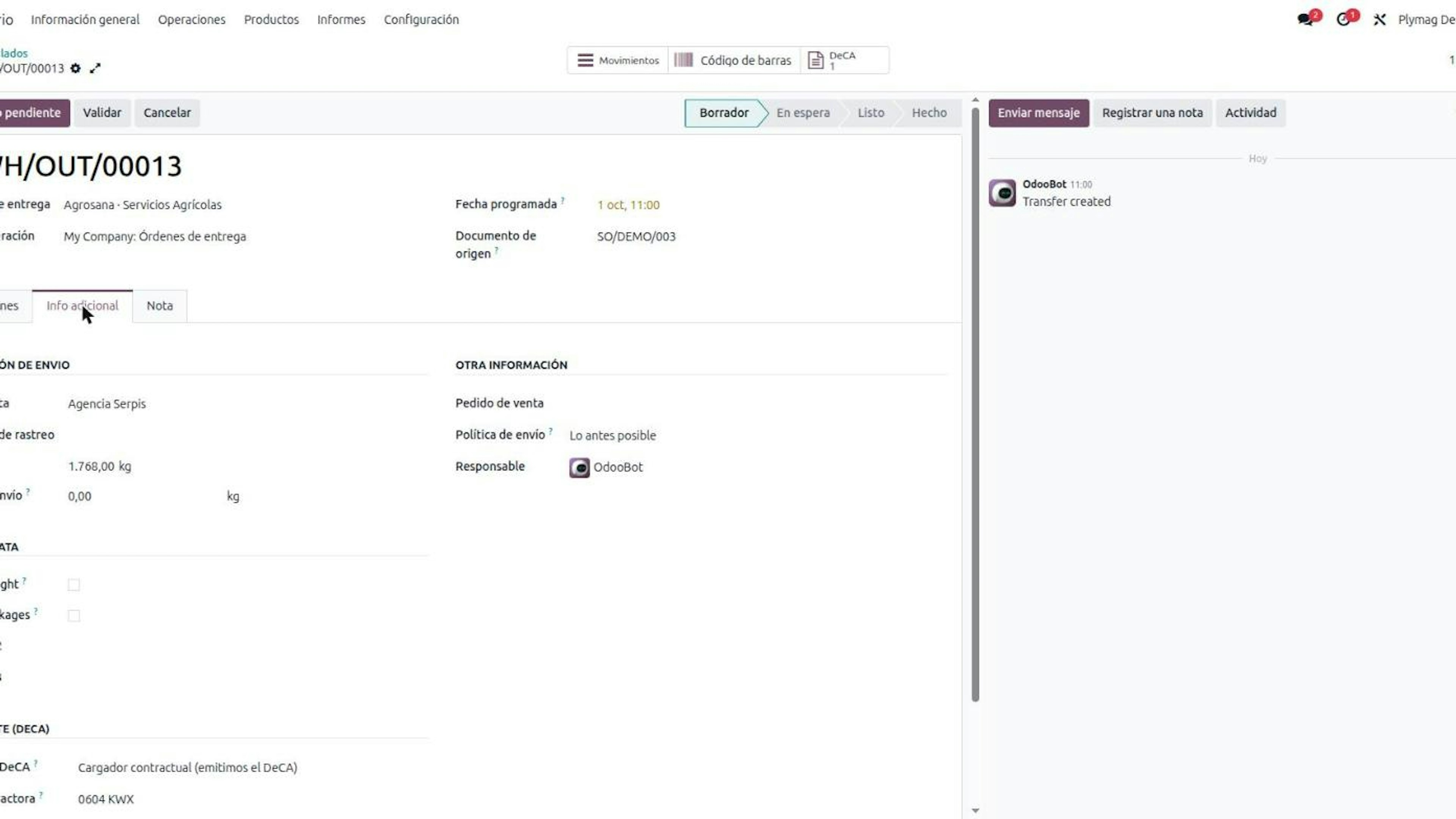 Odoo delivery order with the Transport (DeCA) section: DeCA role set to contractual shipper, carrier and tractor plate