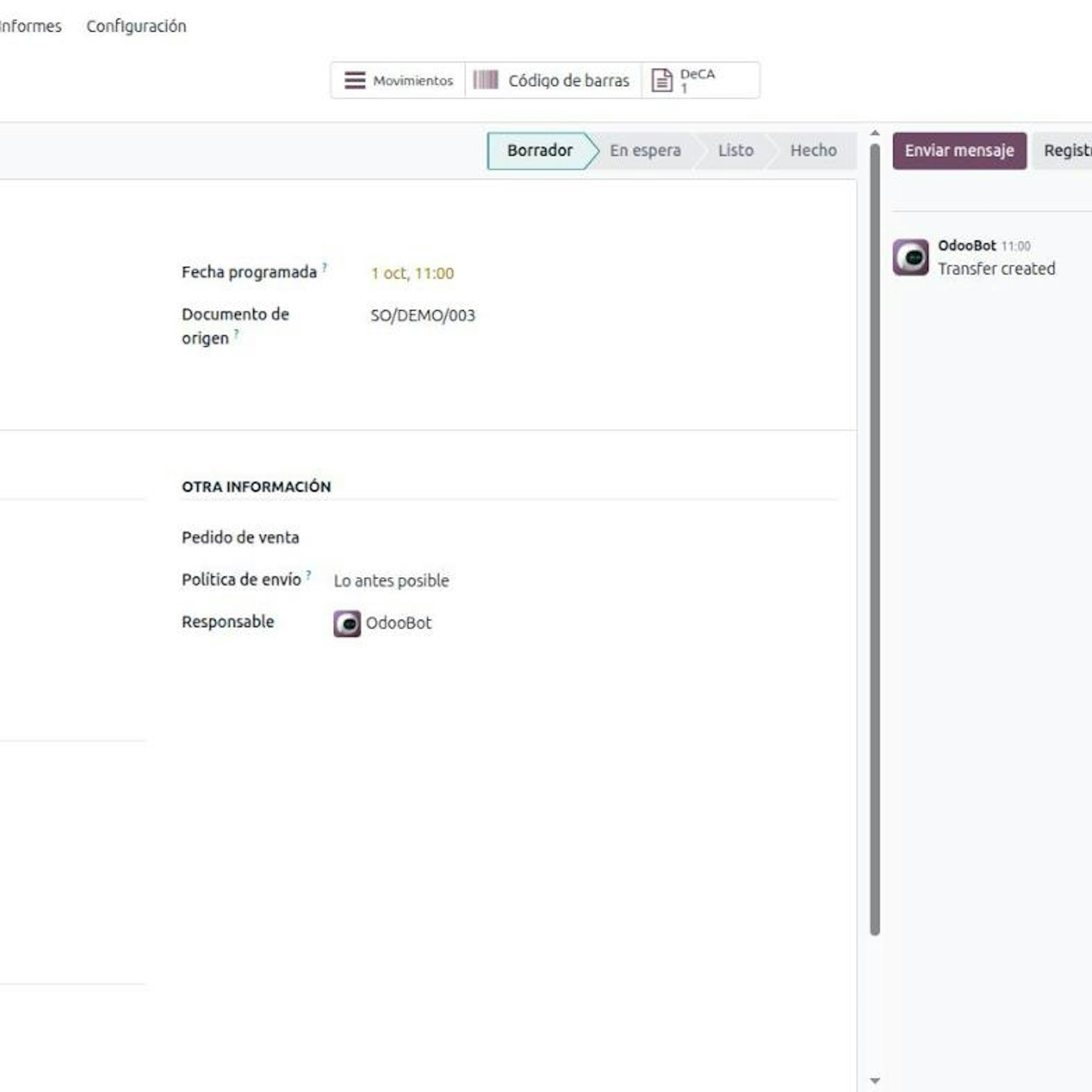 Odoo delivery order with the Transport (DeCA) section: DeCA role set to contractual shipper, carrier and tractor plate
