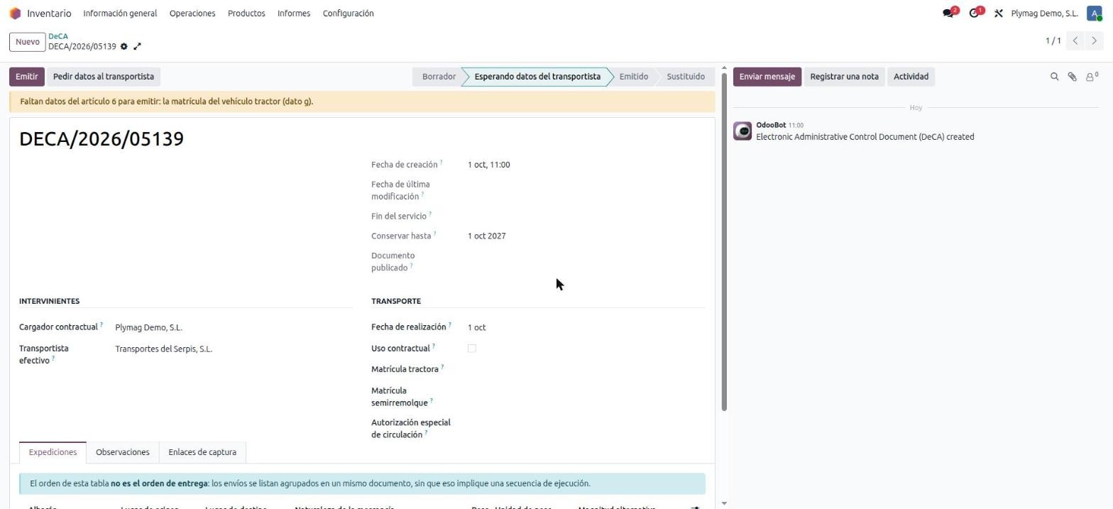 DeCA record in Odoo in the Waiting for carrier data state, warning that the tractor plate (item g) is missing