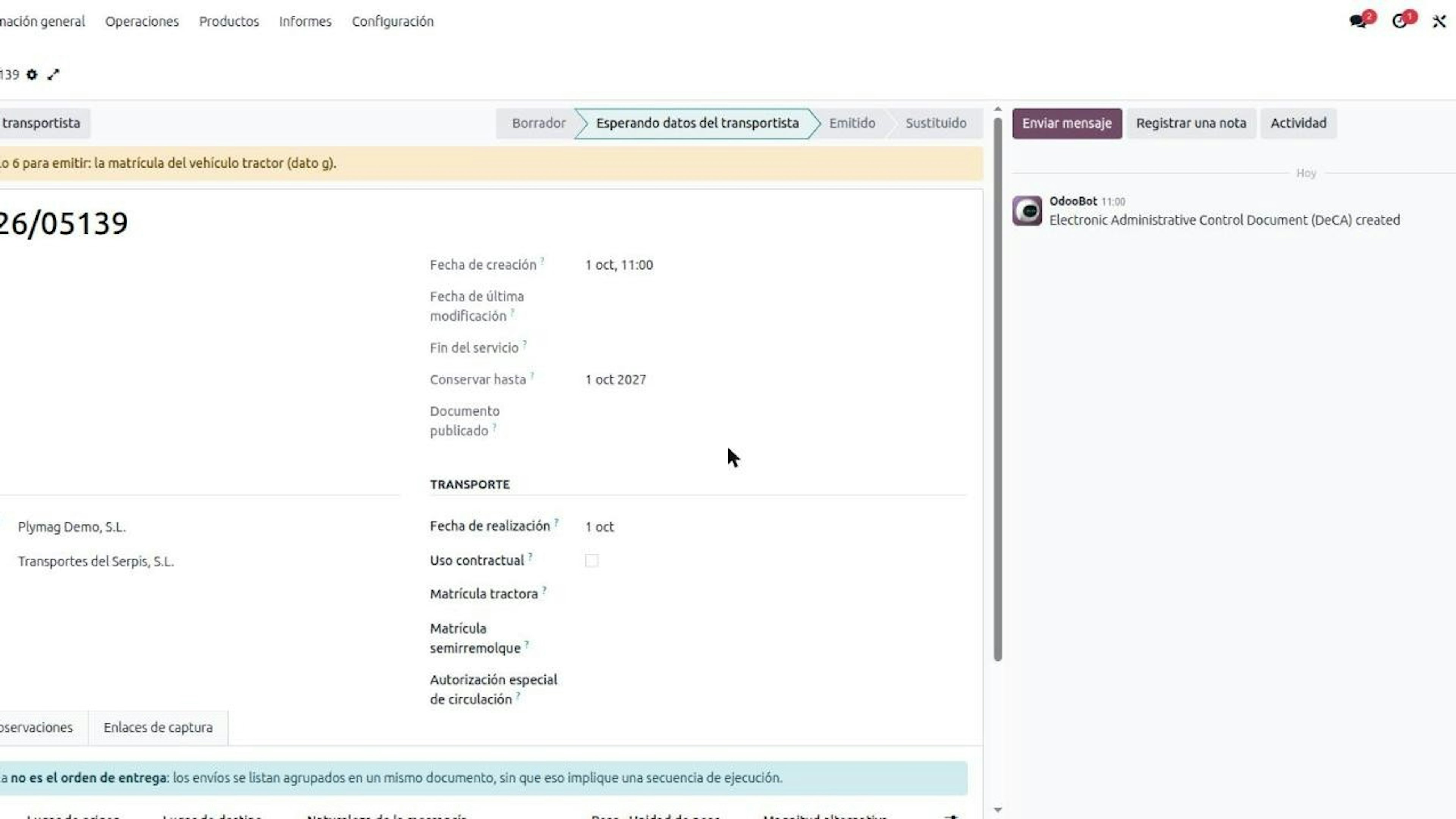 DeCA record in Odoo in the Waiting for carrier data state, warning that the tractor plate (item g) is missing