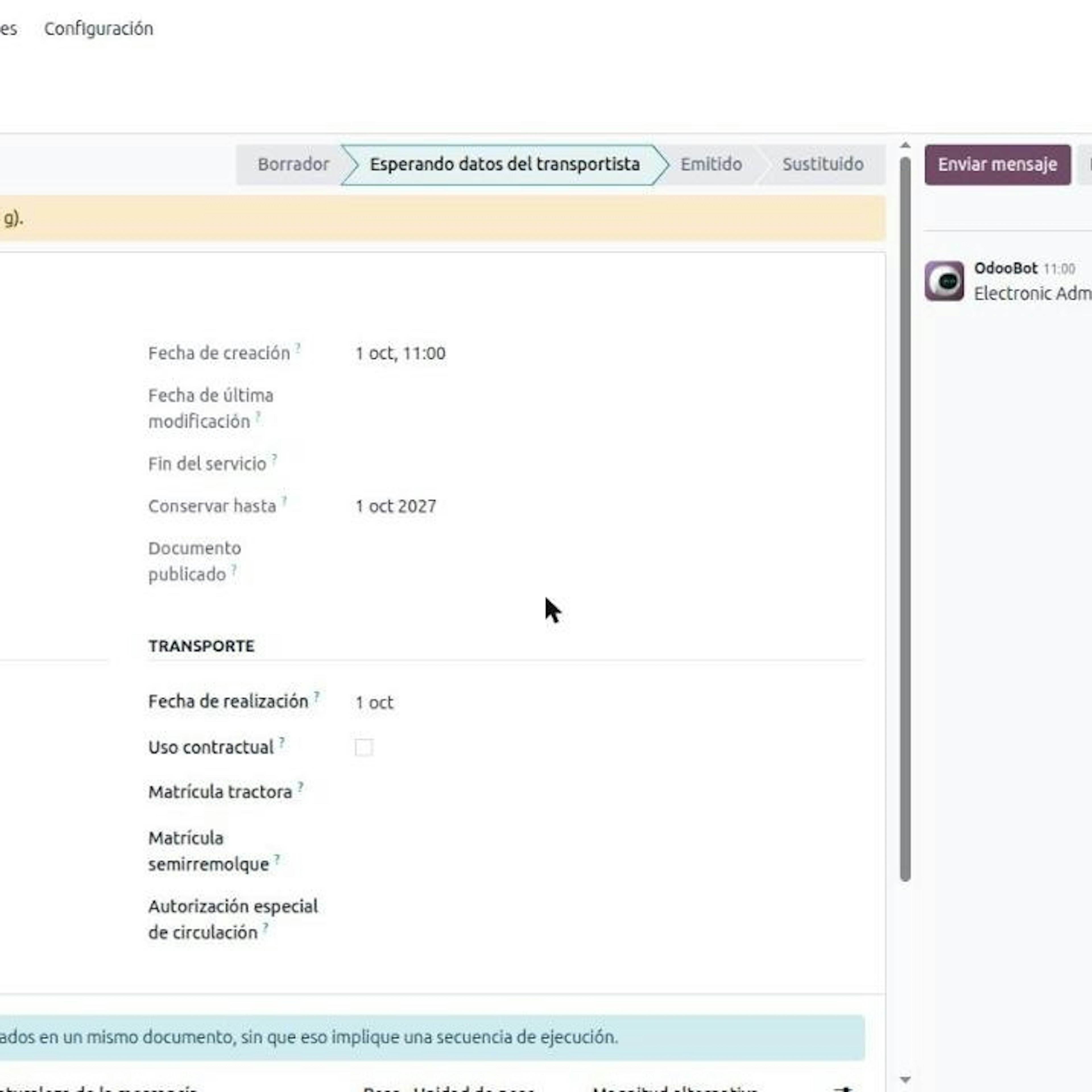 DeCA record in Odoo waiting for carrier data, with contractual shipper and actual carrier listed separately and a warning that the tractor plate is missing