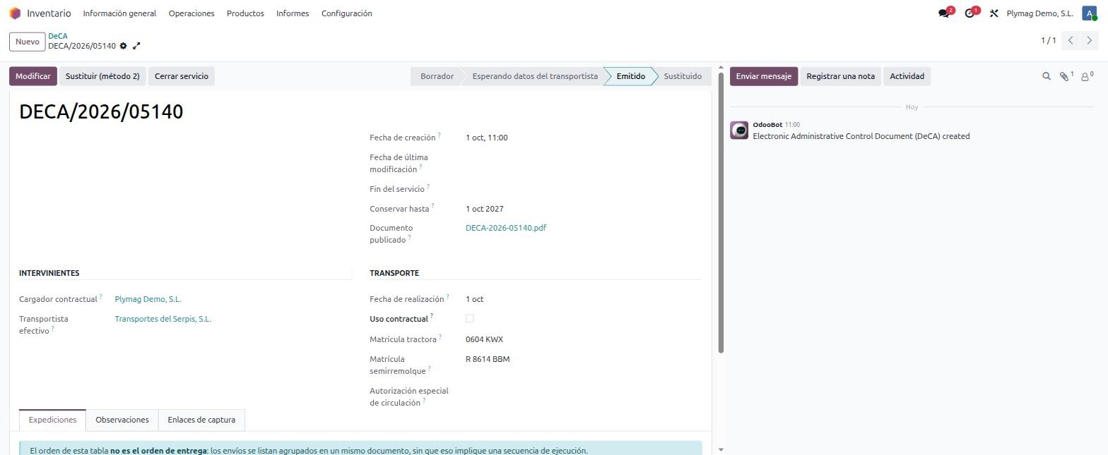 Ficha de un DeCA emitido en Odoo con estados, fecha de creación, conservar hasta, botones Modificar y Sustituir (método 2) e historial en el chatter