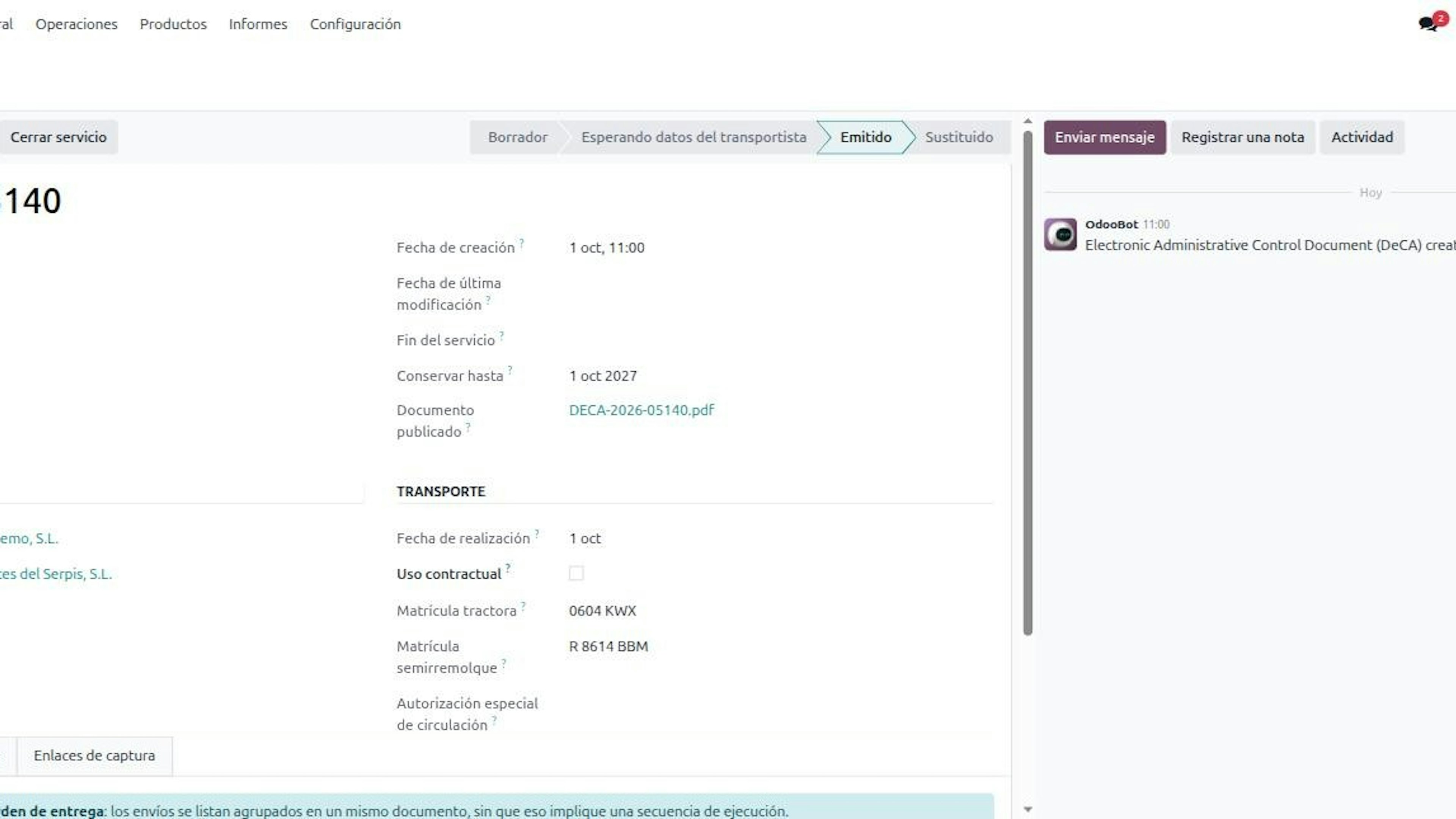 Ficha de un DeCA emitido en Odoo con estados, fecha de creación, conservar hasta, botones Modificar y Sustituir (método 2) e historial en el chatter