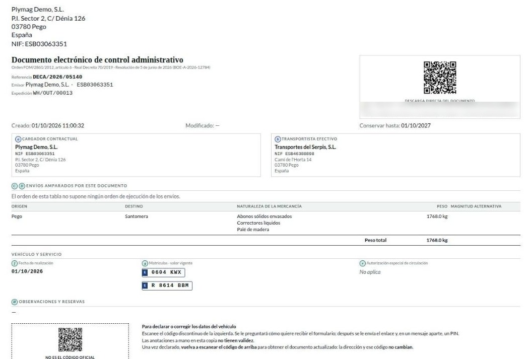 Electronic administrative control document PDF showing contractual shipper, actual carrier, nature and weight, plates and two QR codes