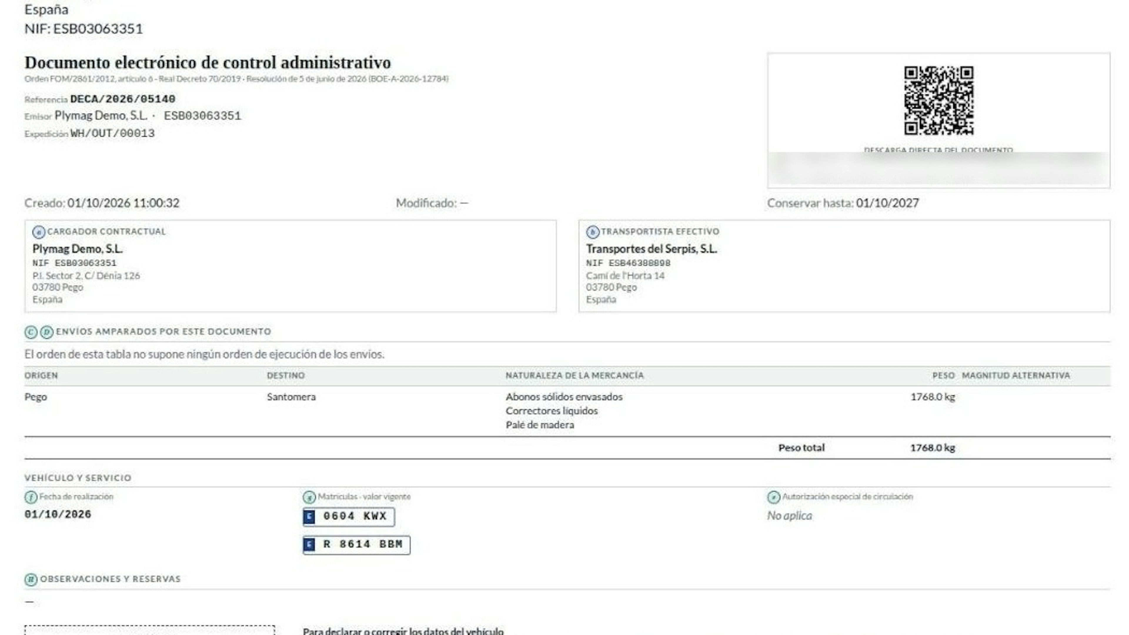 Electronic administrative control document PDF showing contractual shipper, actual carrier, nature and weight, plates and two QR codes