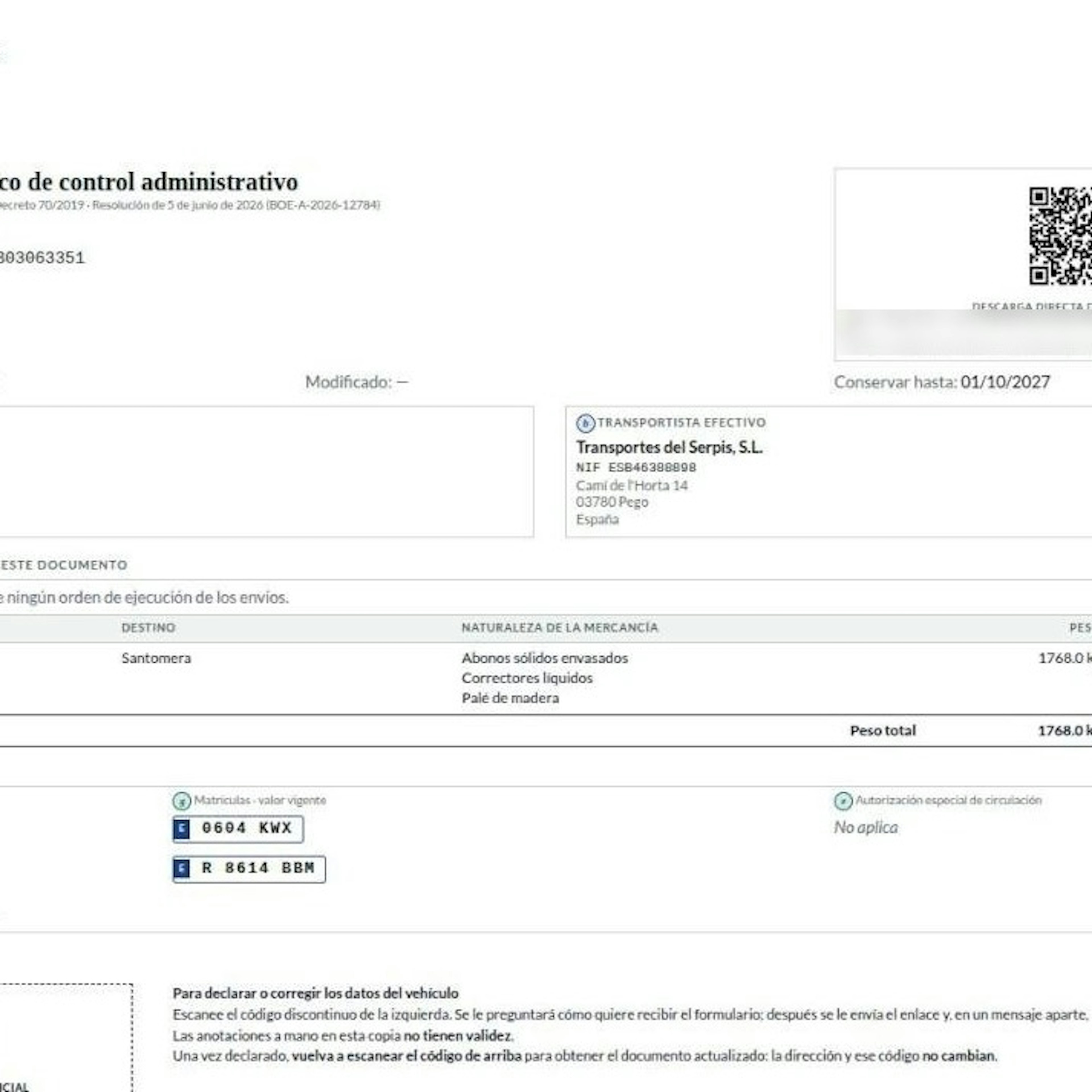 PDF del DeCA generado en Odoo con el QR de verificación en la cabecera, las matrículas vigentes y el QR discontinuo para declarar cambios de vehículo al pie