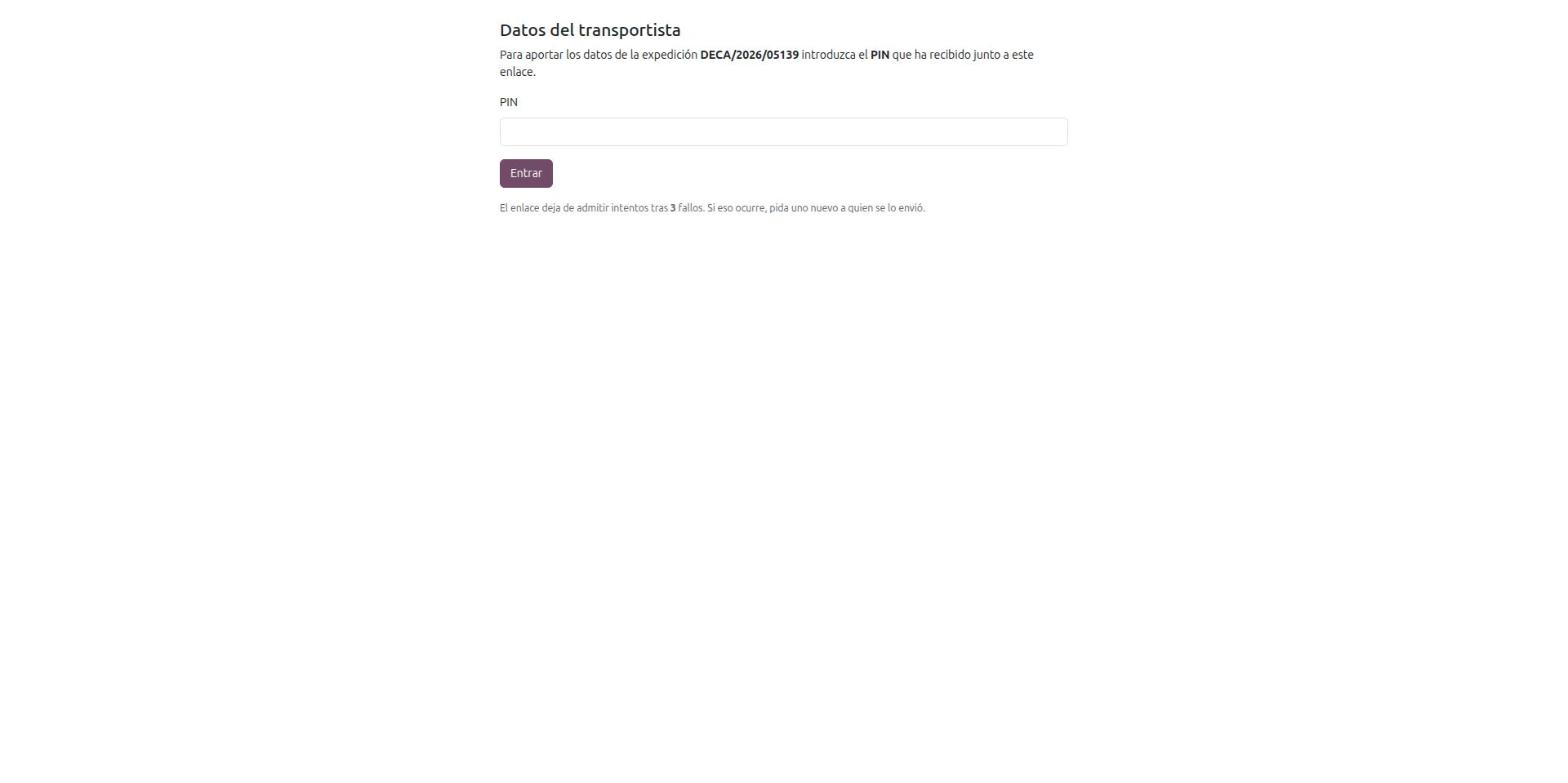 Public Carrier data screen asking for the PIN received with the link and warning that the link locks after three failed attempts