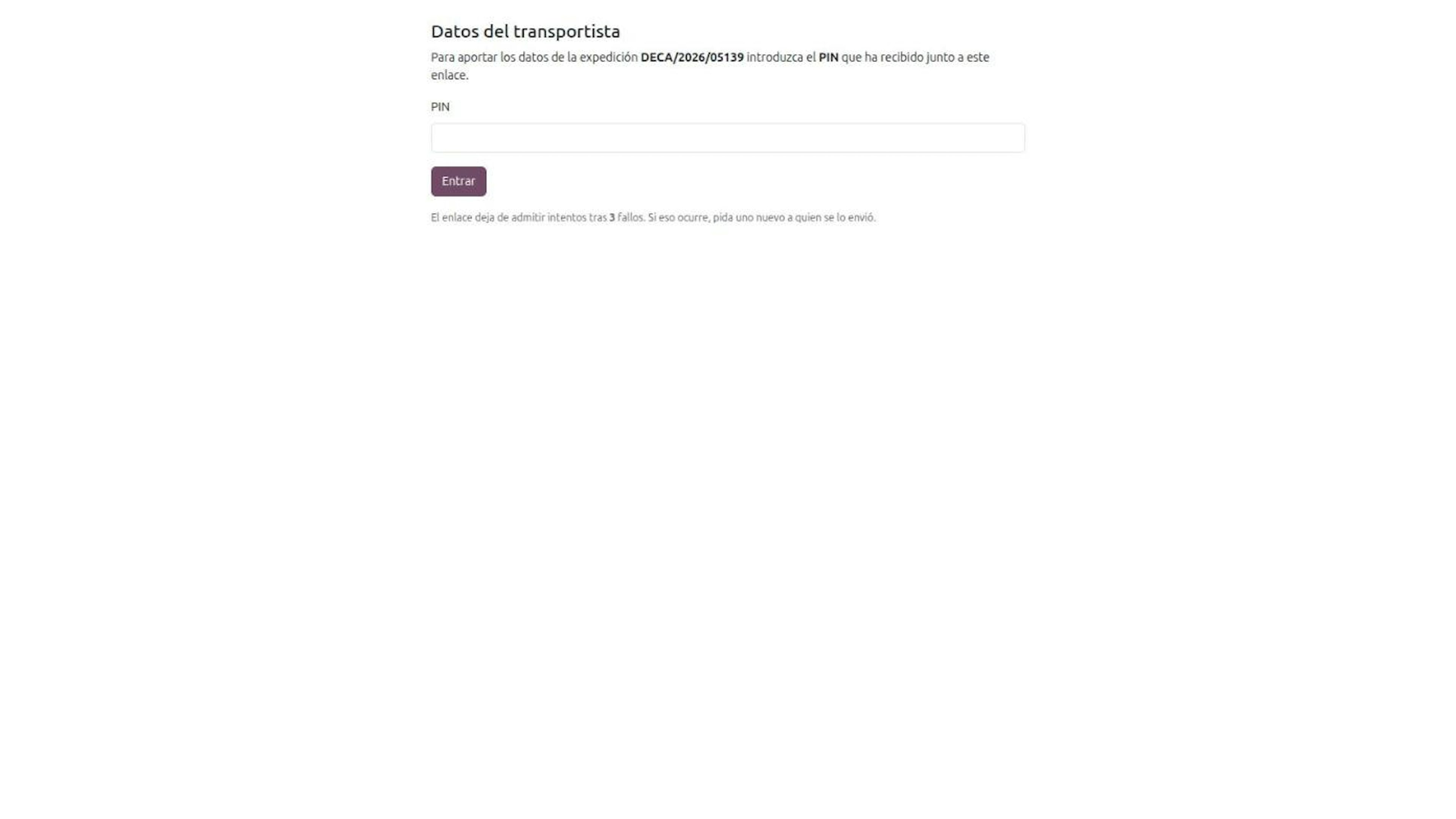 Public Carrier data screen asking for the PIN received with the link and warning that the link locks after three failed attempts