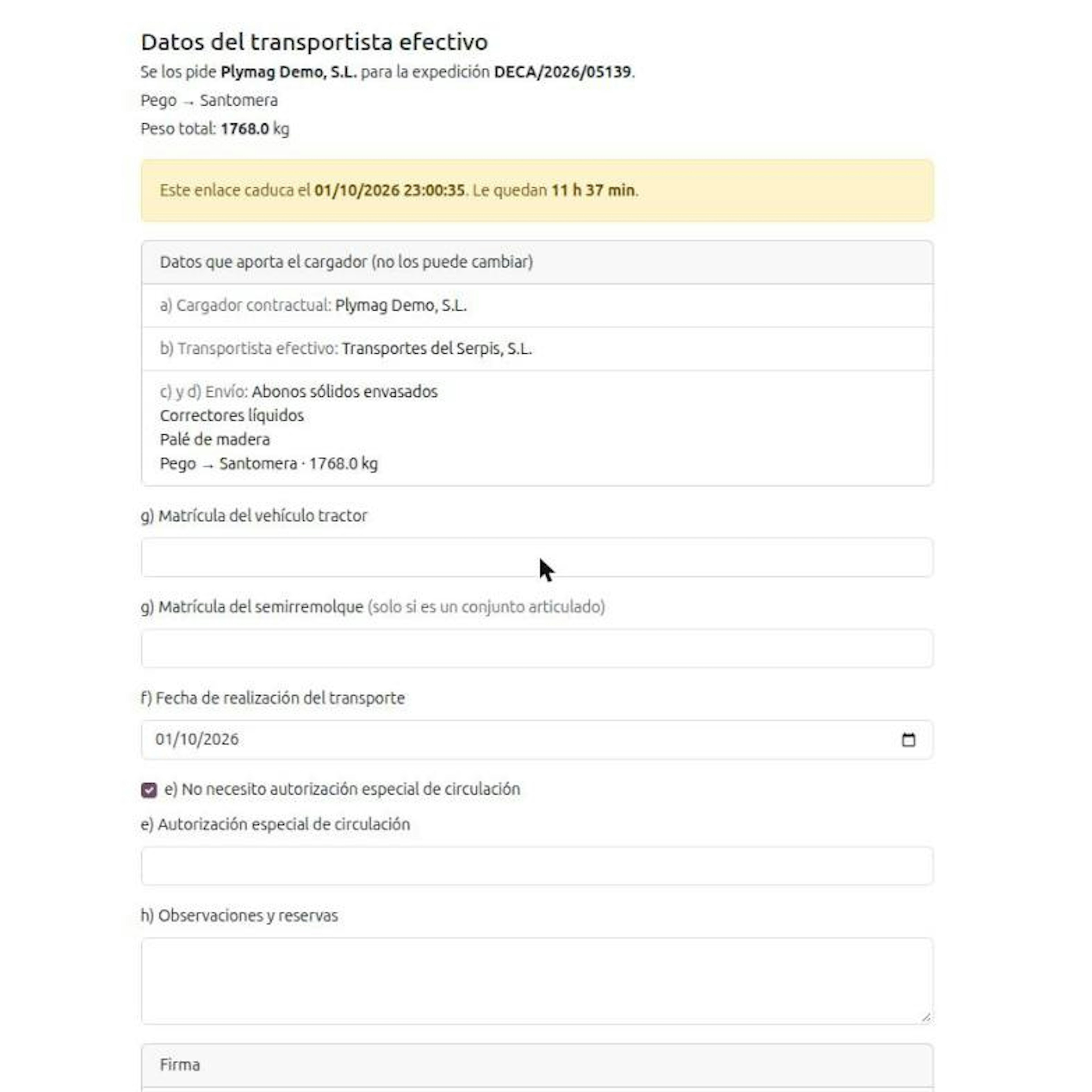 DeCA web form for the actual carrier showing the shipper data locked and fields for plates, date, special authorisation and remarks
