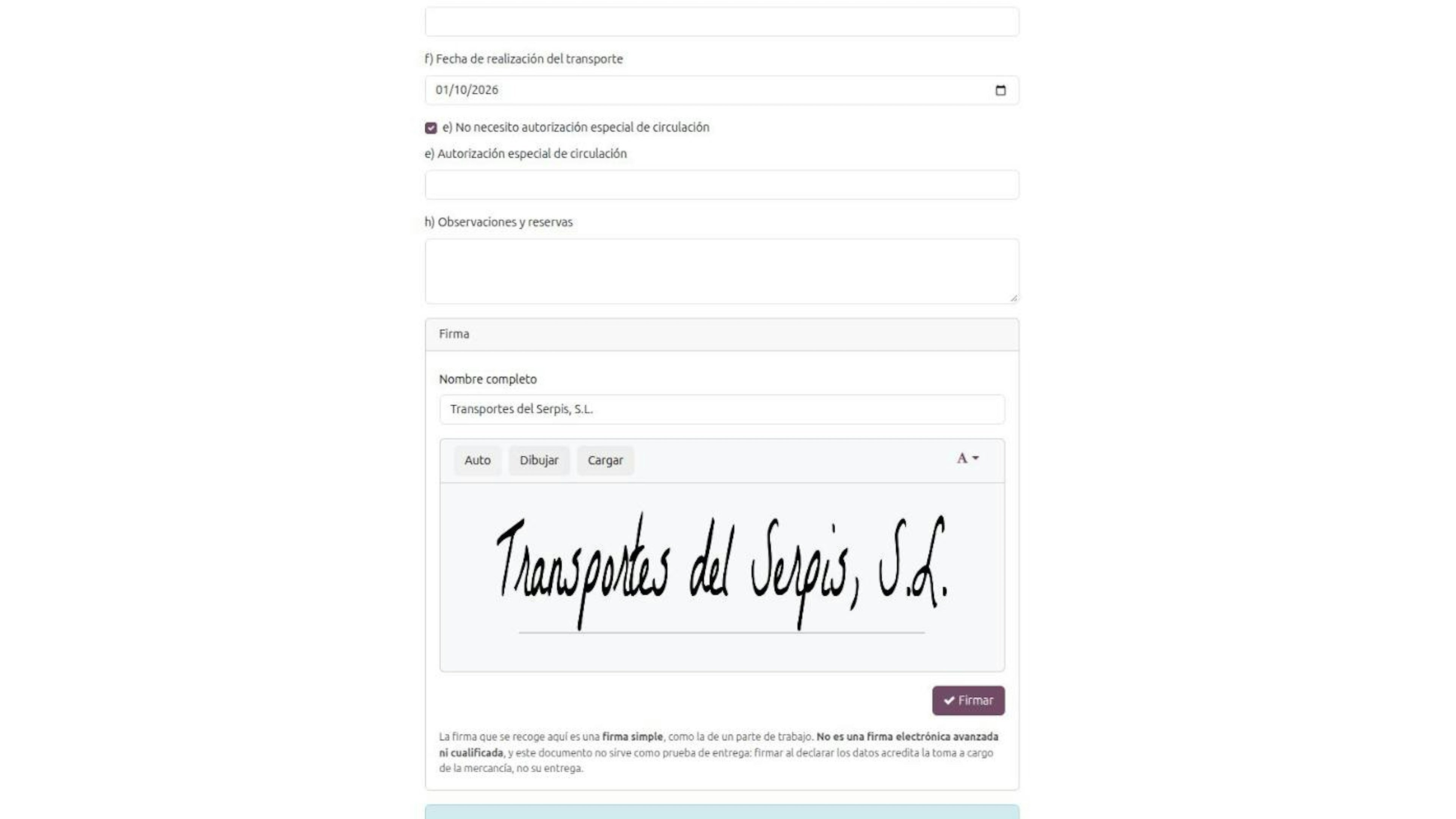 Carrier simple signature block on the DeCA form from a mobile phone