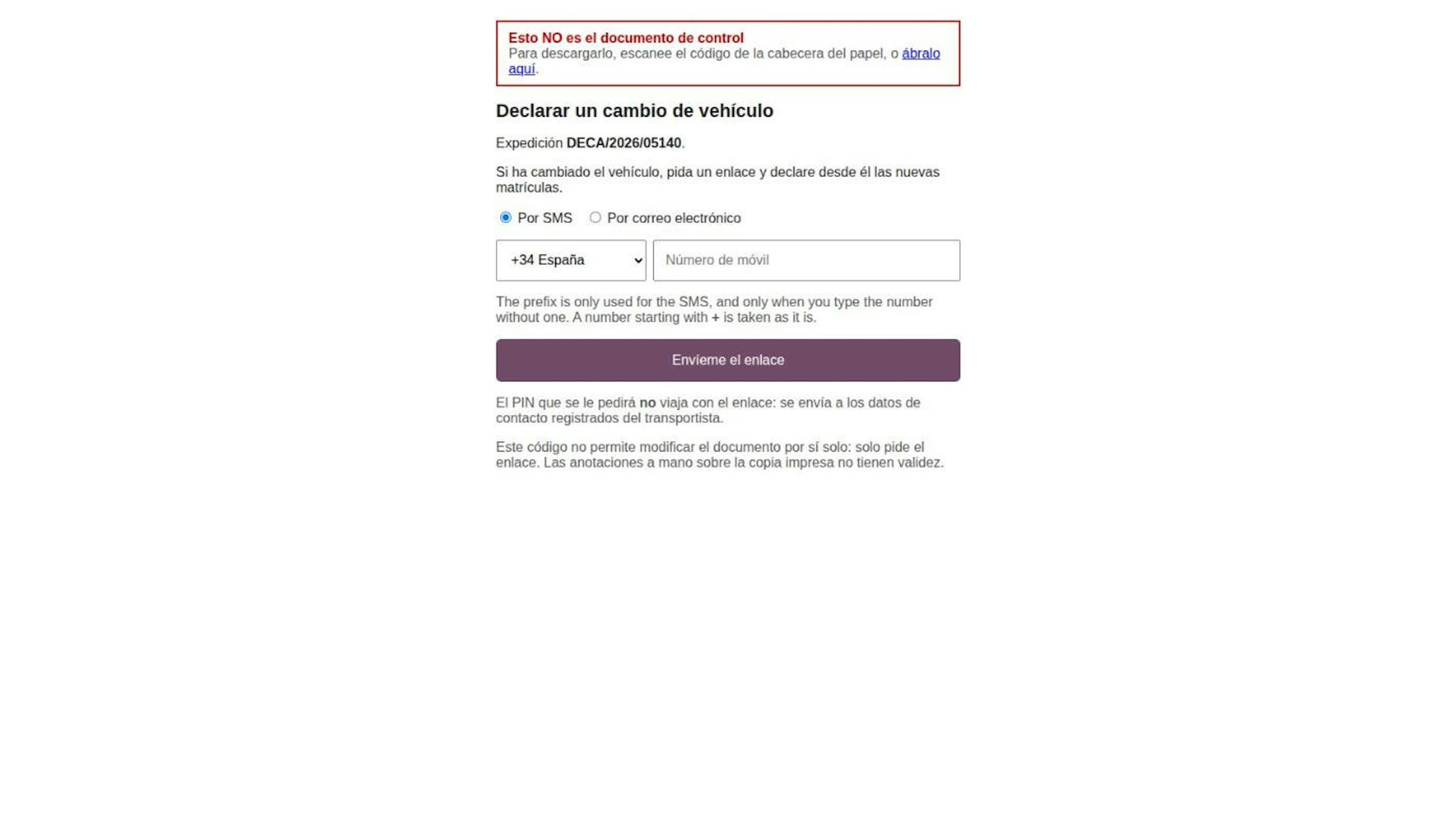 Página que abre el QR discontinuo del DeCA: declarar un cambio de vehículo eligiendo SMS o correo, con aviso de que no es el documento de control